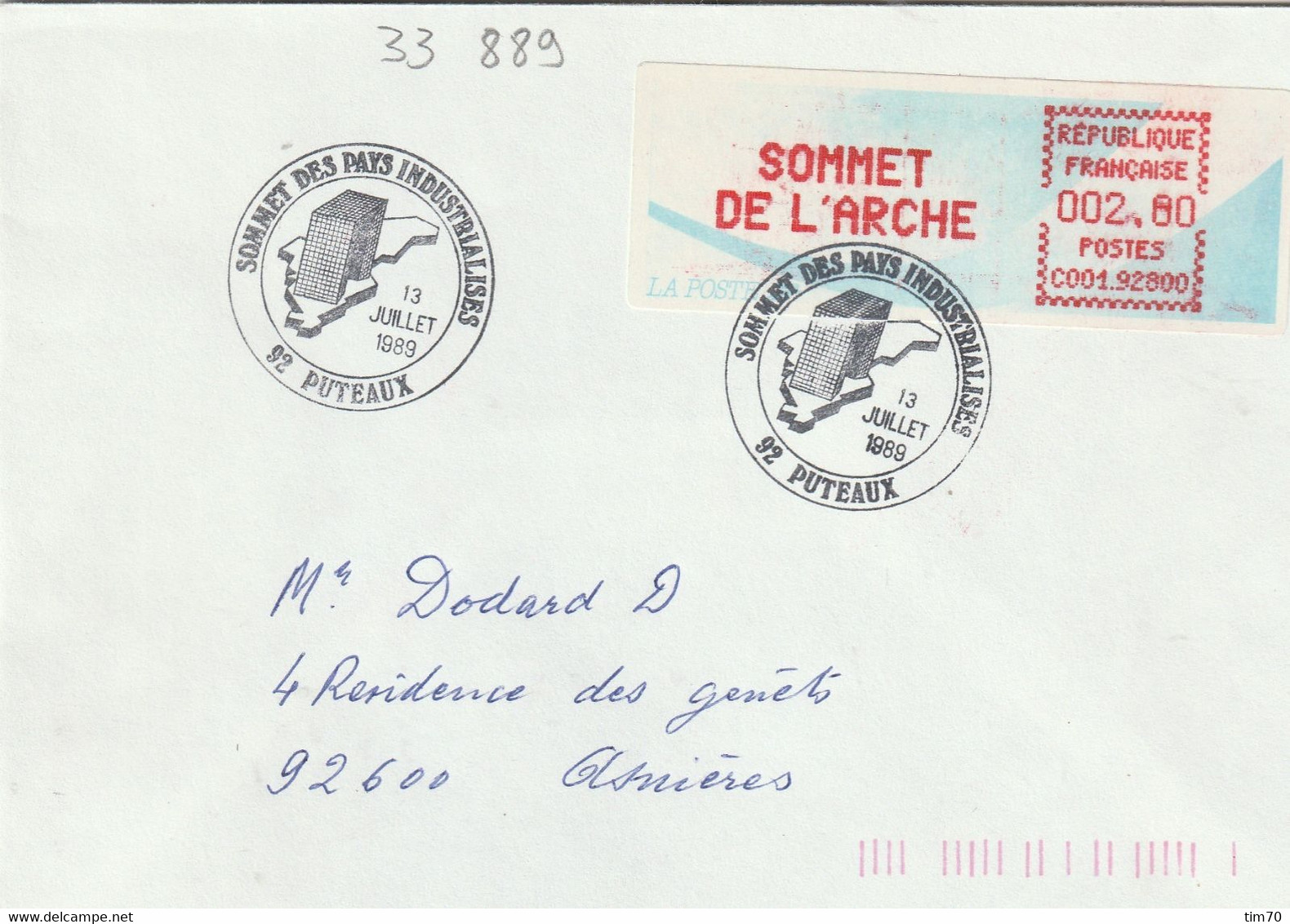 CAD  92  PUTEAUX   /  ETIQUETTES  "  2.80    " SOMMET DE L' ARCHE - 1961-....