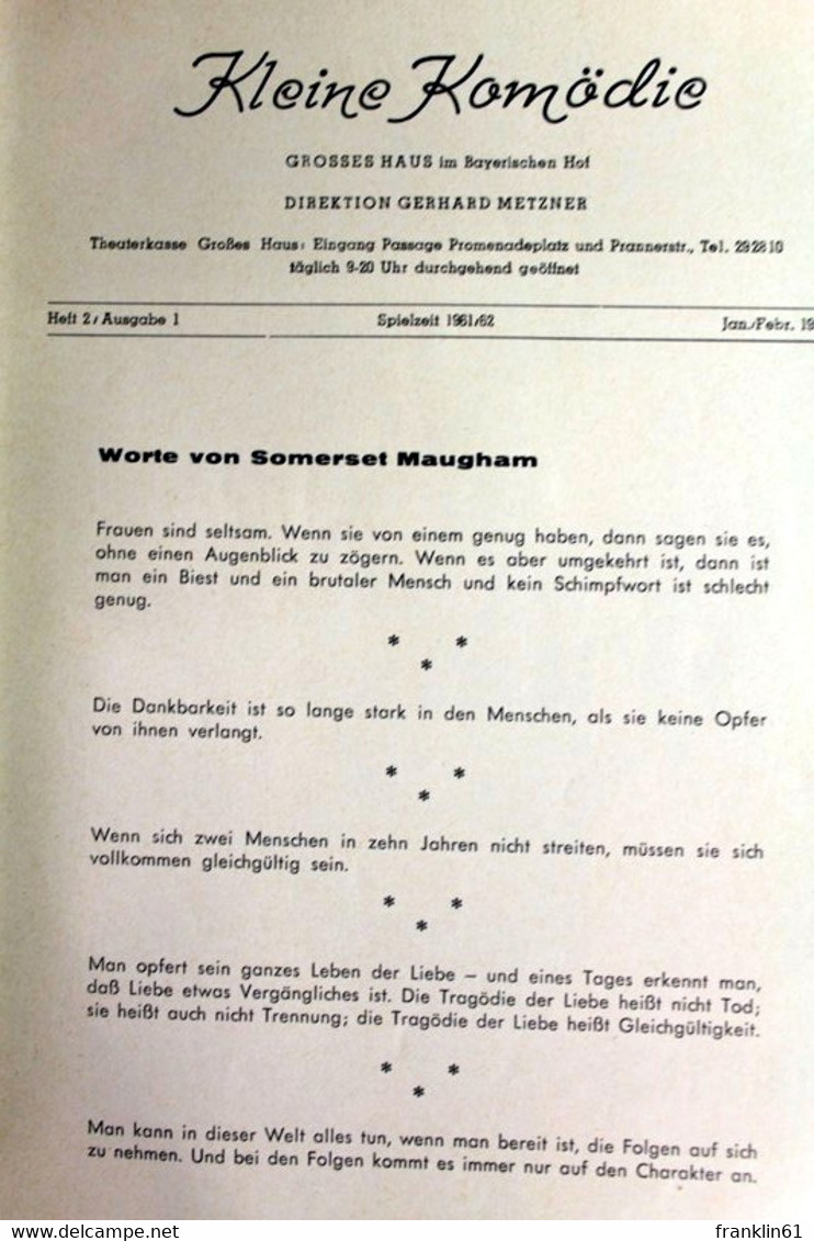 Kleine Komödie. Grosses Haus Im Bayerischen Hof. Heft 2/Ausgabe 1. Spielzeit 1961/62. - Teatro E Danza