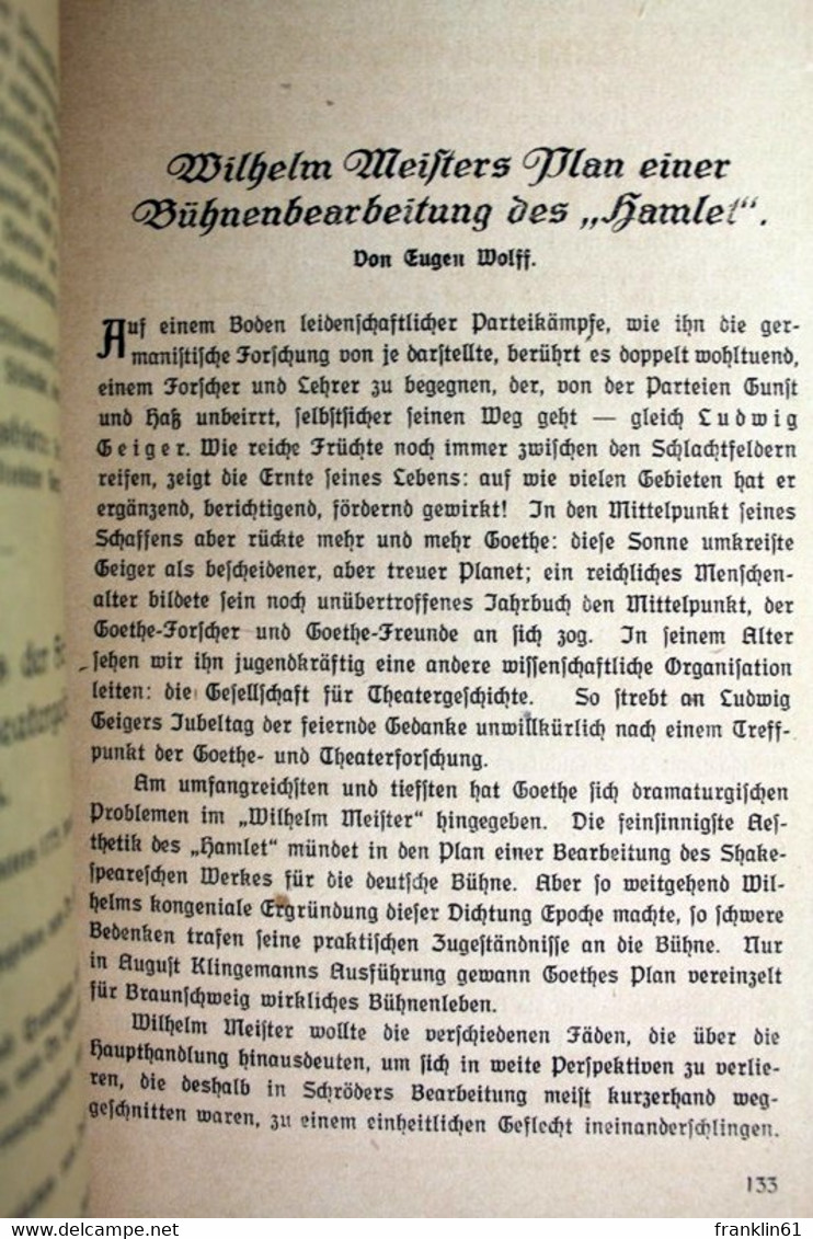 Sonderabdruck Aus Beiträge Zur Literatur- Und Theatergeschichte, Ludwig Geiger Zum 70. Geburtstage 5.Juni 1918 - Theater & Tanz