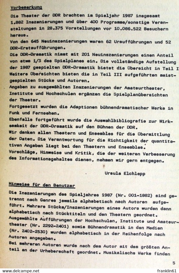 Wer Spielte Was? Spieljahr 1987. Bühnenrepertoire Der DDR - Théâtre & Danse