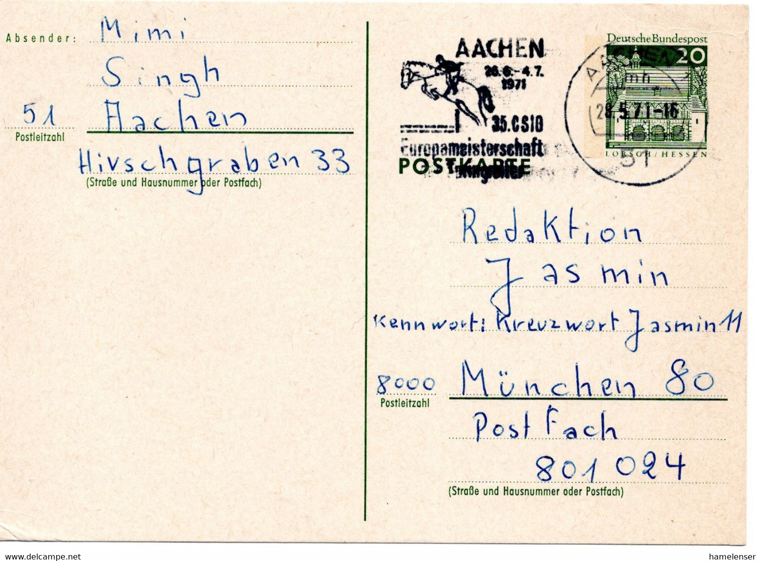 55181 - Bund - 1971 - 20Pfg Gr.Bauten GAKte AACHEN - ... EUROPAMEISTERSCHAFT IM SPRINGREITEN -> Muenchen - Hippisme