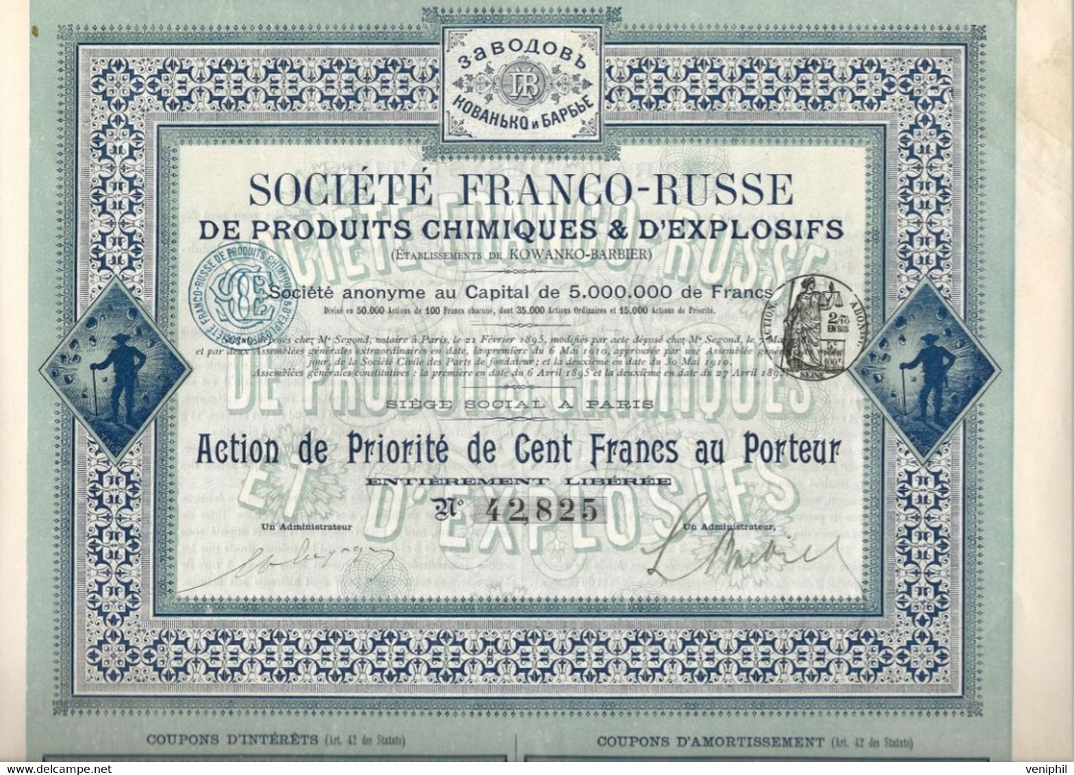 SOCIETE FRANCO -RUSSE DE PRODUITS CHIMIQUES ET D'EXPLOSIFS -ET DE KOWANKO -BARBIER -ACTION DE 100 FRS - Miniere