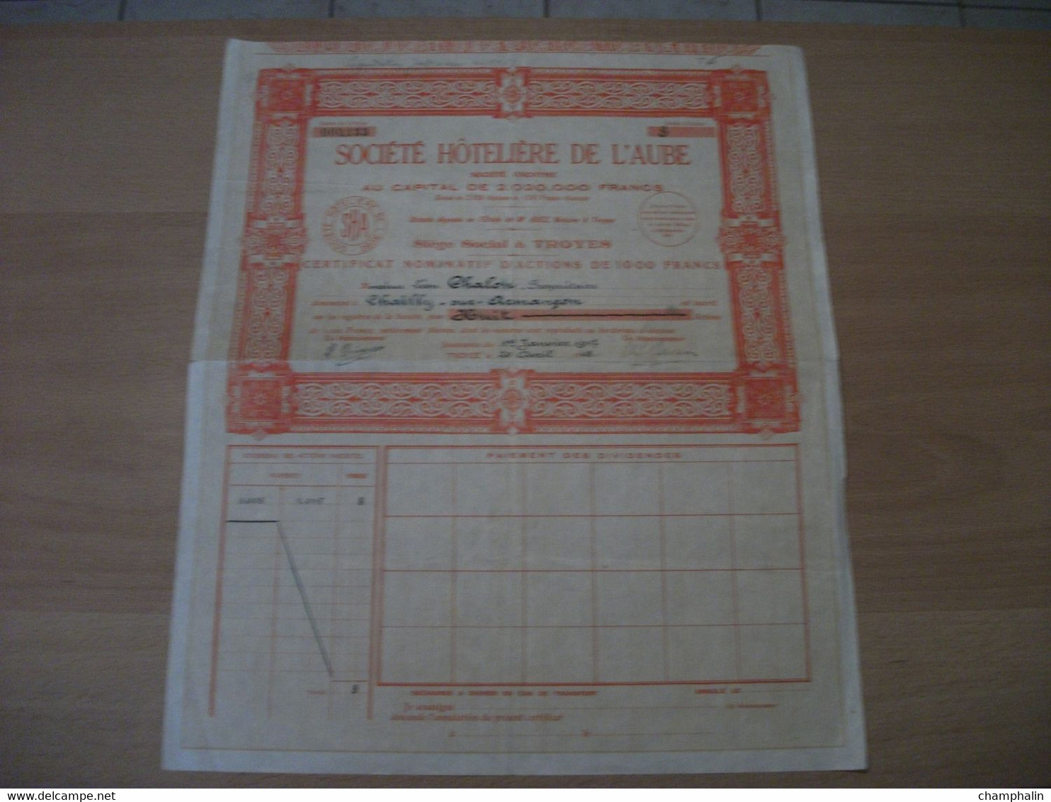Actions - Société Hôtelière De L'Aube à Troyes (10) - 20/04/1948 - Certificat Nominatif M. Chalon Chailly-sur-Armançon - Tourismus