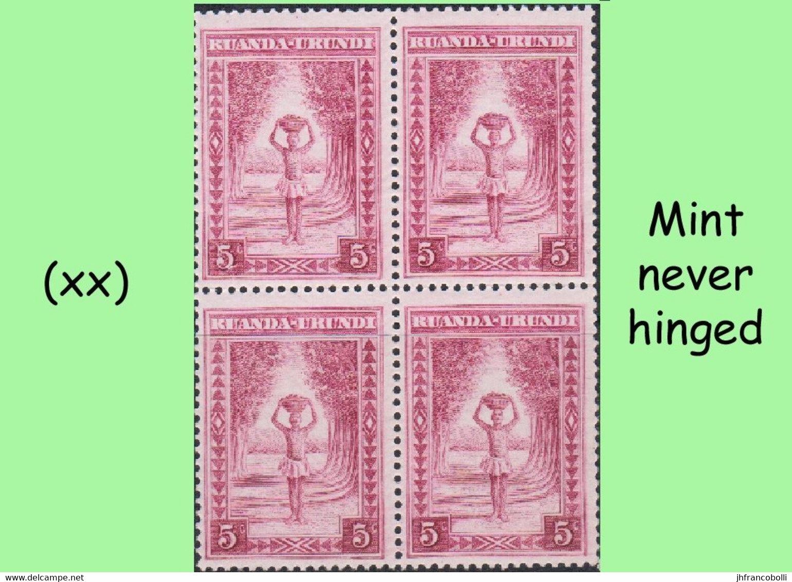 1937 ** RUANDA-URUNDI RU111 MNH ETHNIC SET -2-  BOY WITH JAR ON HIS HEAD ( BLOCK X 4 STAMPS WITH ORIGINAL GUM ) - Neufs