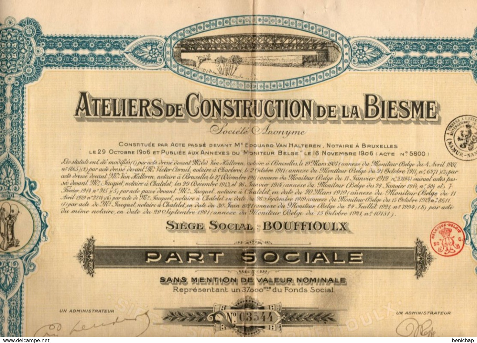 Ateliers De Construction De La Biesme - Bouffioulx - Part Sociale Sans Mention De Valeur Nominale - 1921 - Industrie