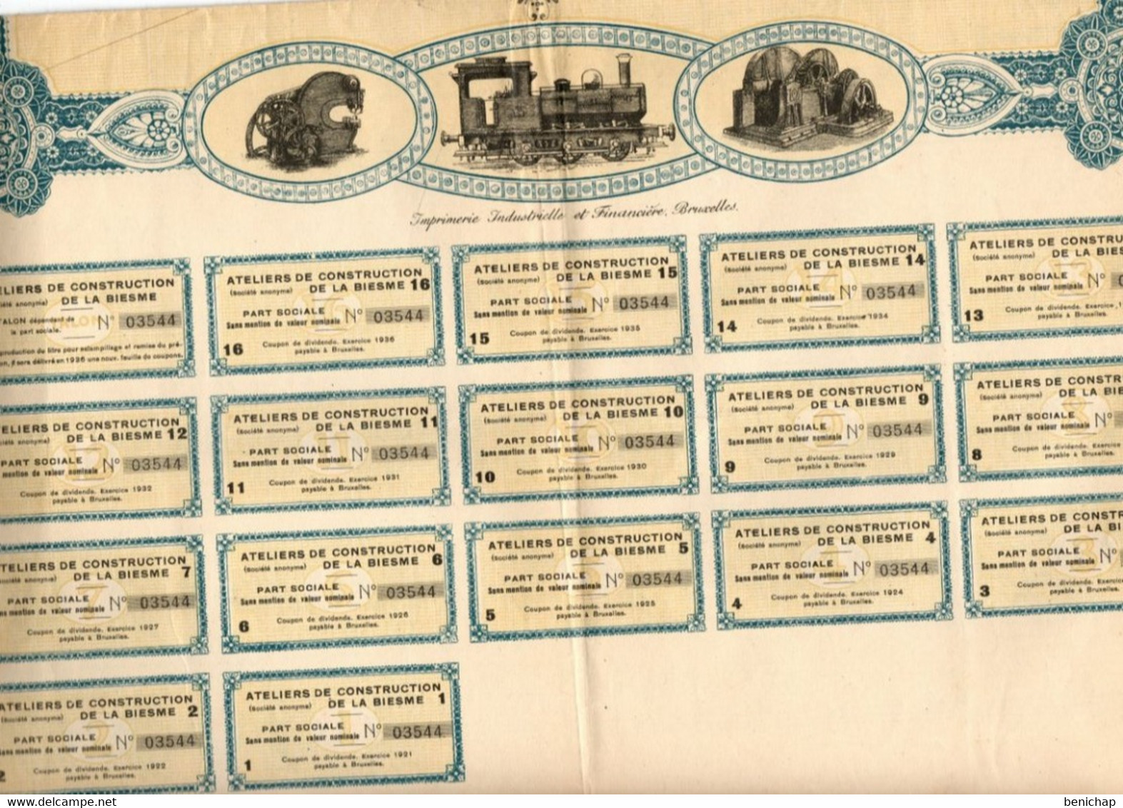 Ateliers De Construction De La Biesme - Bouffioulx - Part Sociale Sans Mention De Valeur Nominale - 1921 - Industrie