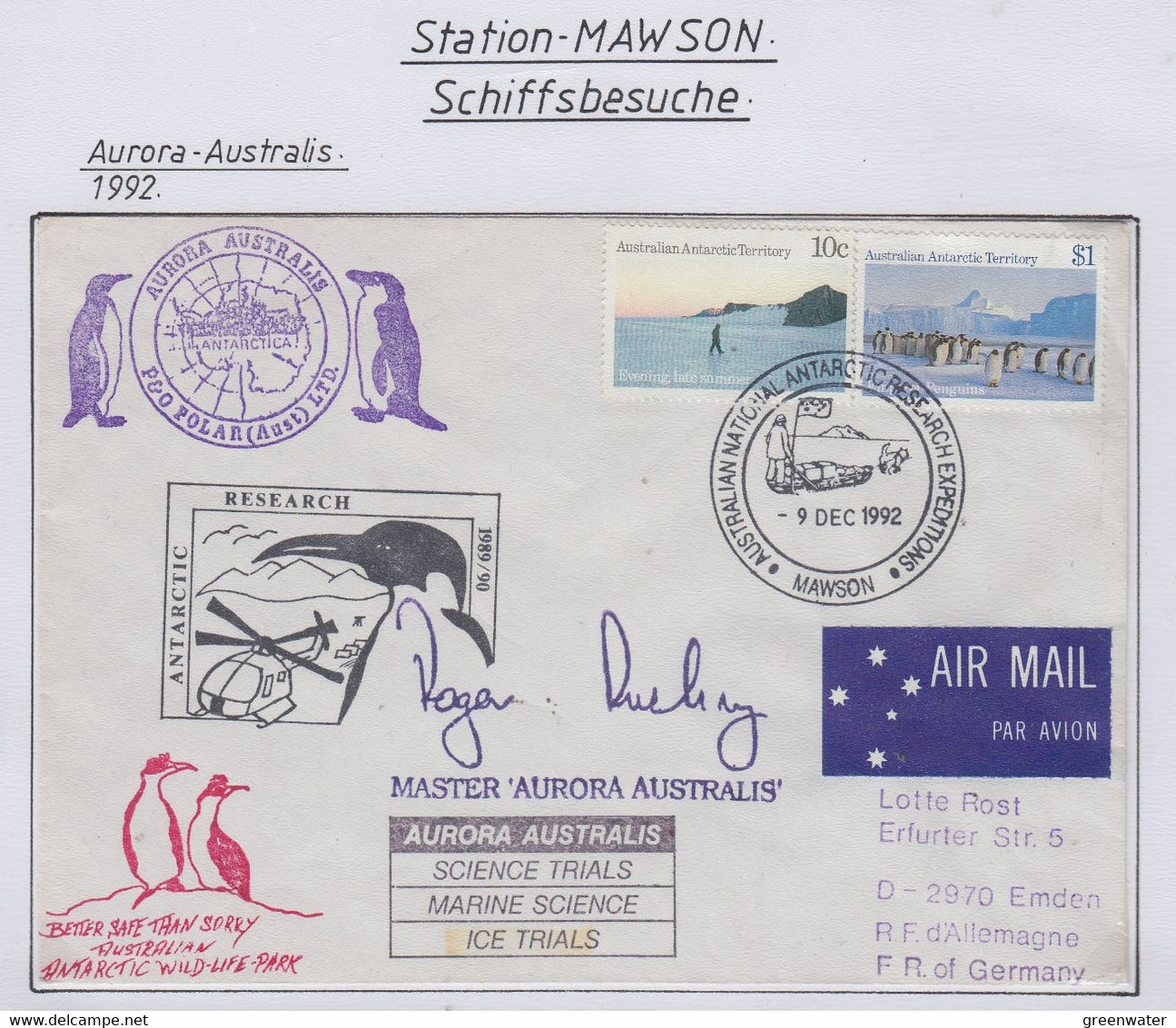 AAT Cover Ship Visit Aurora Australis Ca Mawson 9 DEC 1992 (ND164B) - Cartoline Maximum