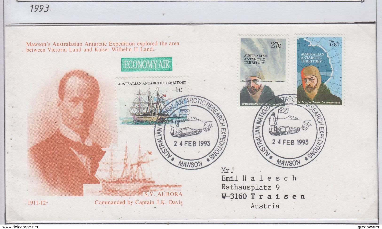 AAT Cover Ship  S.Y. Aurora  Ca Mawson 24 FEB 1995 (ND165A) - Maximum Cards