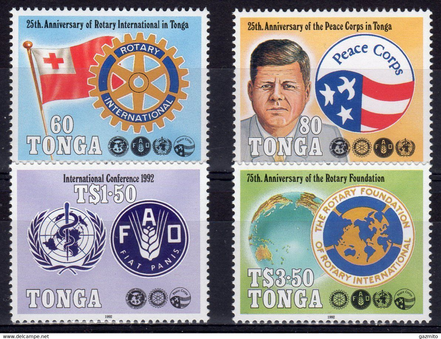 Tonga 1992, Anniversary, Rotary, Kennedy, FAO, WHO, 4val - Against Starve