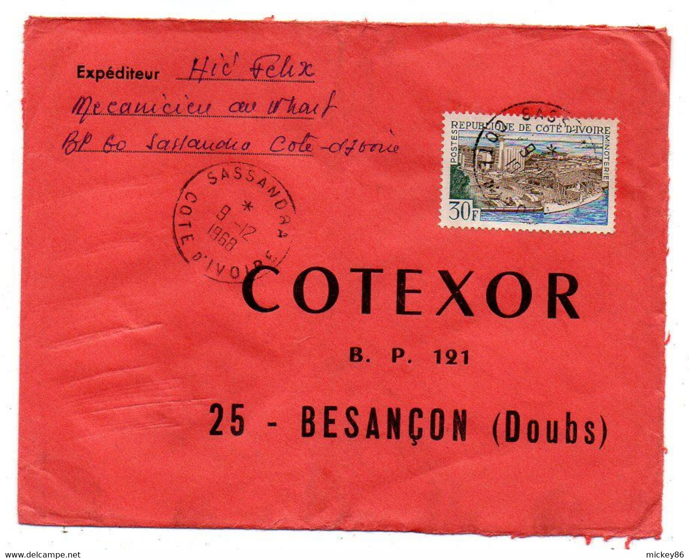 Côte D'Ivoire-1968- Lettre De SASSANDRA  Pour Besançon-25--  Tp Minoterie  Seul Sur Lettre...cachet......à Saisir - Côte D'Ivoire (1960-...)