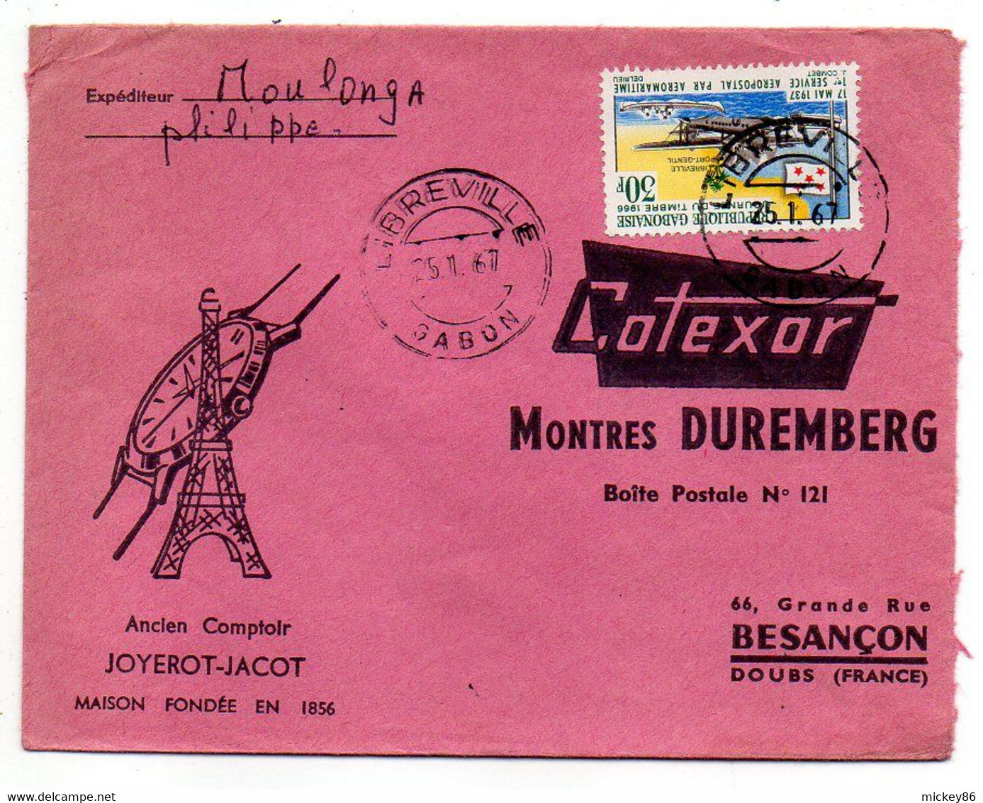 Gabon -1967- Lettre De LIBREVILLE Pour Besançon-25----tp Journée Du Timbre  Seul Sur Lettre...cachet.....à Saisir - Gabun (1960-...)