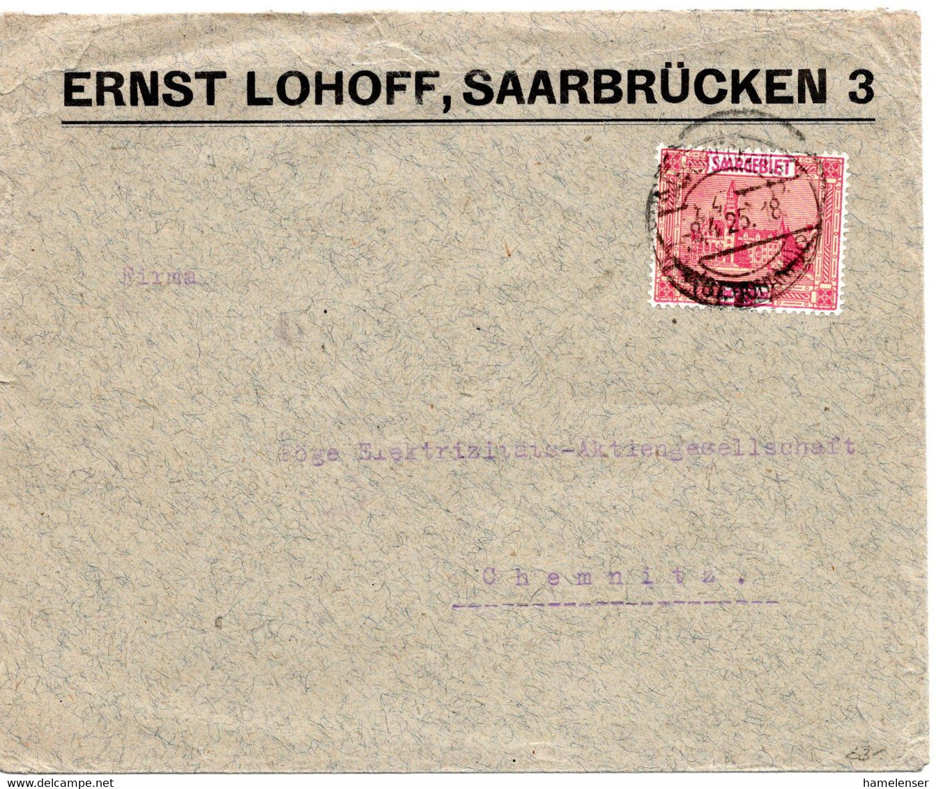 55187 - Deutsches Reich / Saargebiet - 1925 - 25c EF A Bf SAARBRUECKEN -> Chemnitz - Covers & Documents