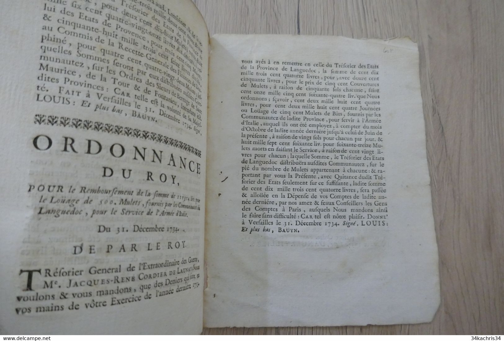 Ordonnance Du Roi Du 31/12/1734 Languedoc Provence Dauphiné Munitionnaire Armée D'Italie - Gesetze & Erlasse