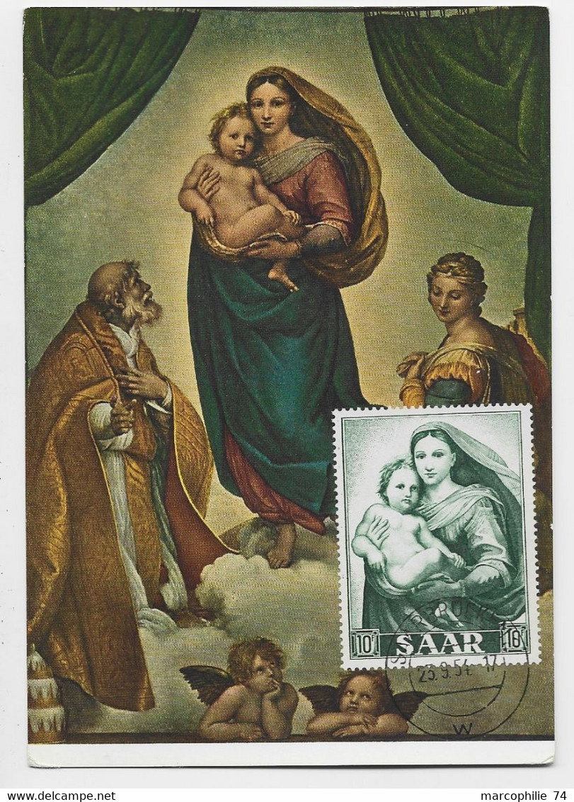 SAAR 10FR VERT  KARTE MAXIMUM SARREBRUCKEN 23.9.1954LA VIERGE RAPHAEL SANZIO - Cartes-maximum