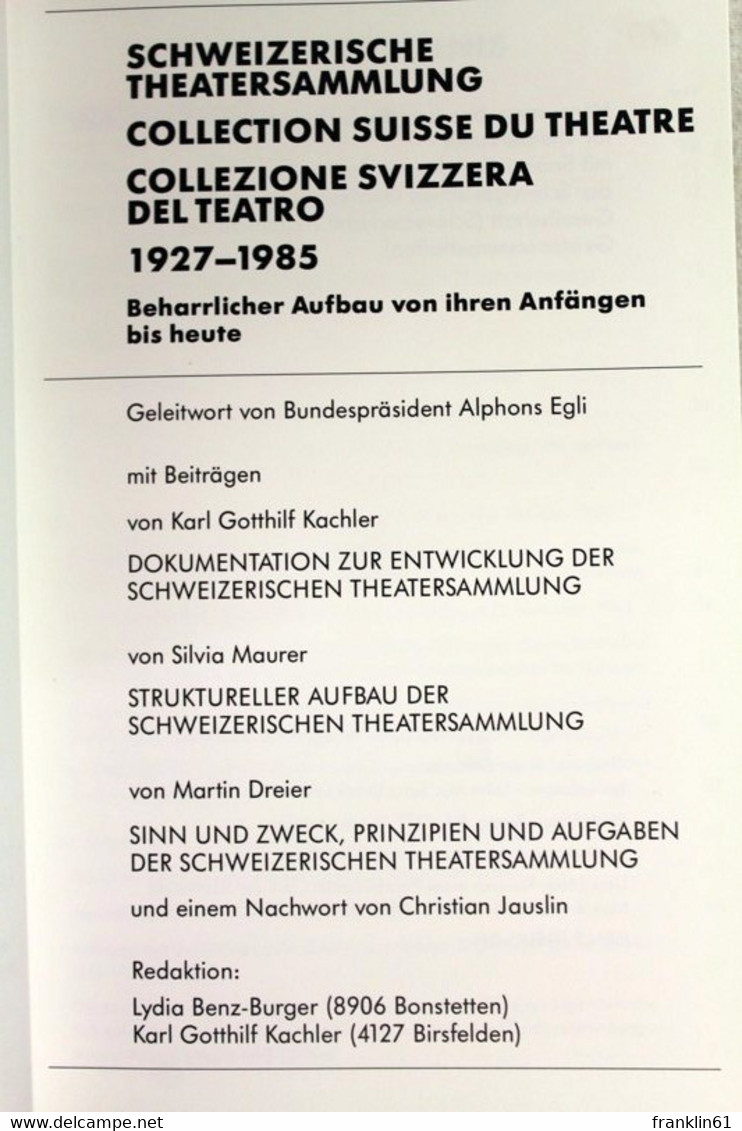 Schweizerische Theatersammlung 1927 - 1985. - Theater & Tanz