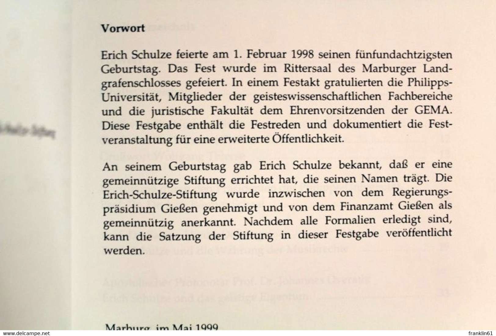 Festgabe Zum 85.Geburtstag Von Erich Schulze. Ehrenpräsident Der GEMA. - Musique