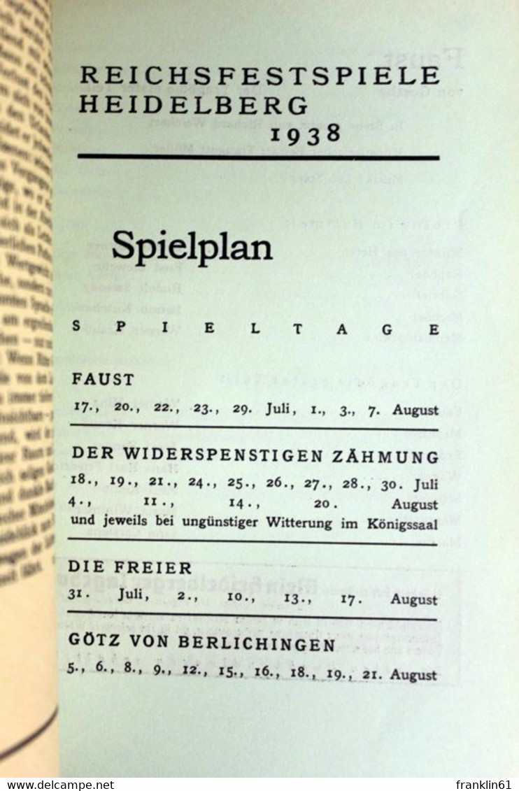 Reichsfestspiele Heidelberg 17.Juli Bis 21.August 1938. - Theater & Tanz