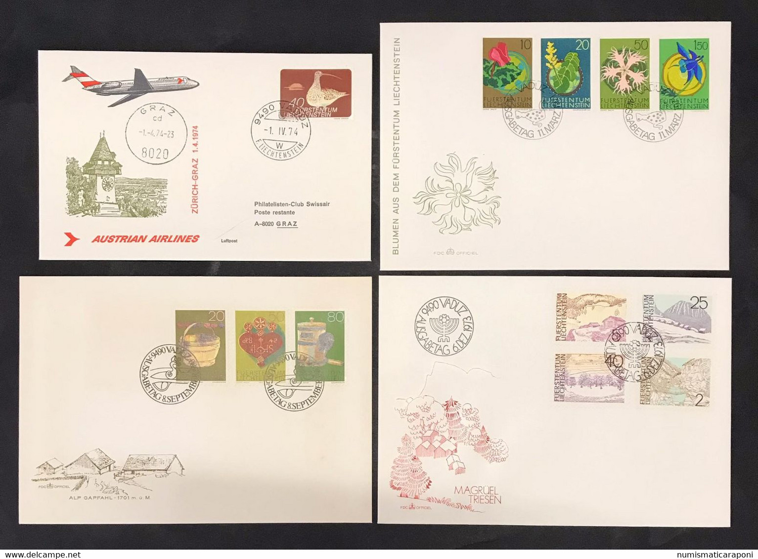 Liechtenstein 1971 1973 1974 1980 12 Valori Su 4 Buste  Bu.554 - Lettres & Documents