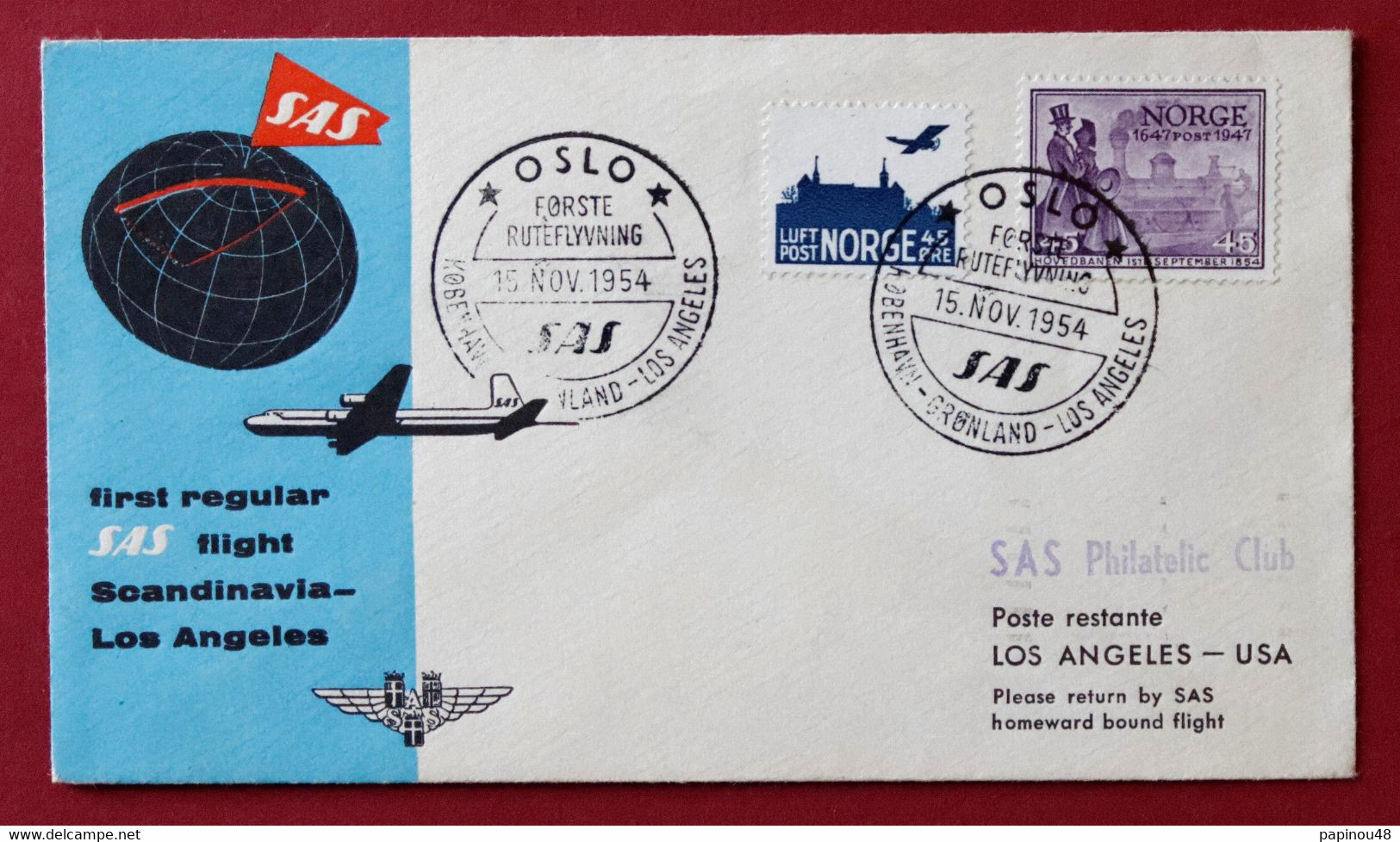 Scandinavian Airlines - 1er Vol Régulier - Oslo - Los Angeles Du 18/11/1954 - Brieven En Documenten