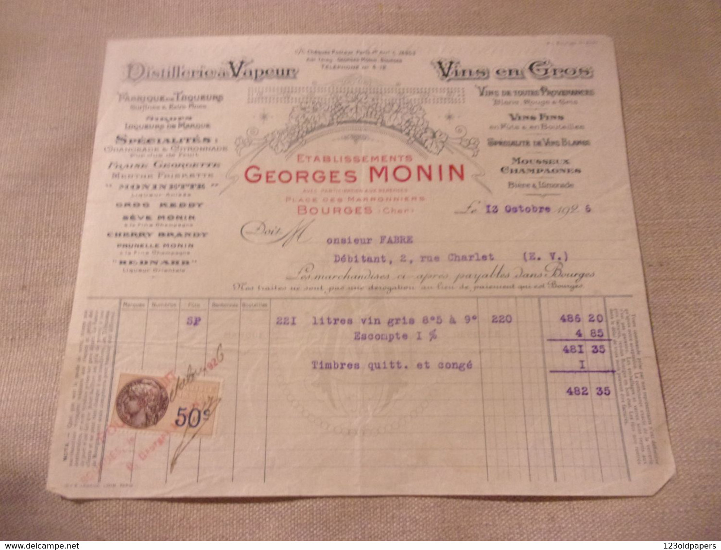 ♥️ ♥️  1926 GEORGES MONIN BOURGES PLACE DES MARRONNIERS  DISTILLERIE A VAPEUR - 1900 – 1949