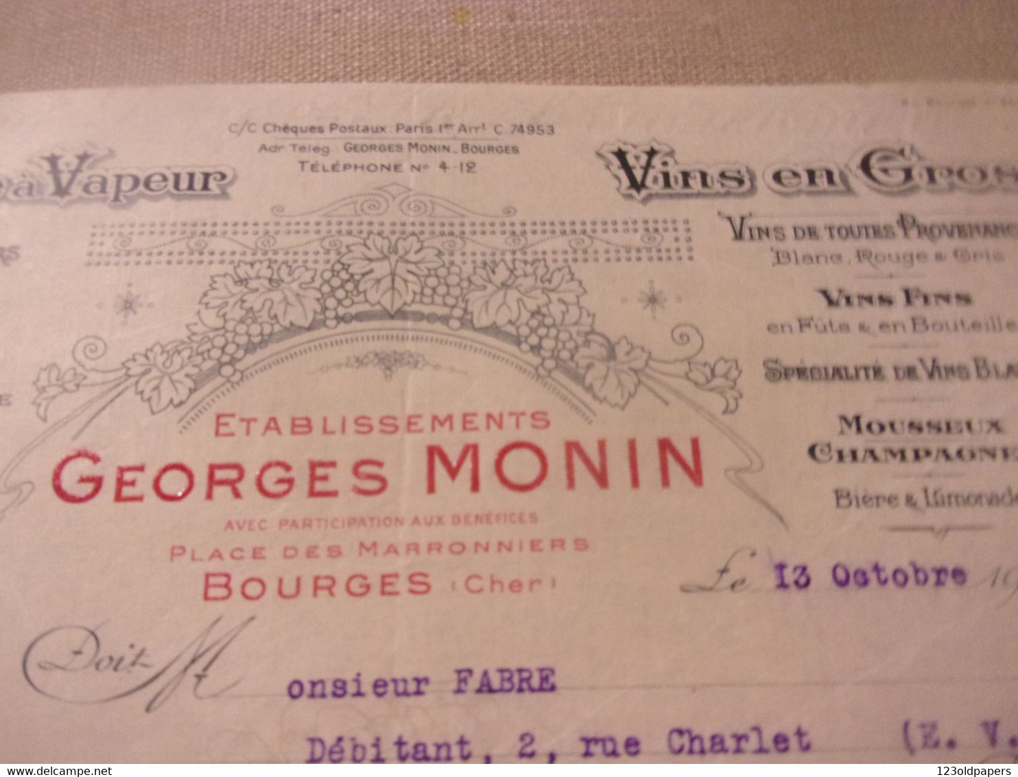 ♥️ ♥️  1926 GEORGES MONIN BOURGES PLACE DES MARRONNIERS  DISTILLERIE A VAPEUR - 1900 – 1949