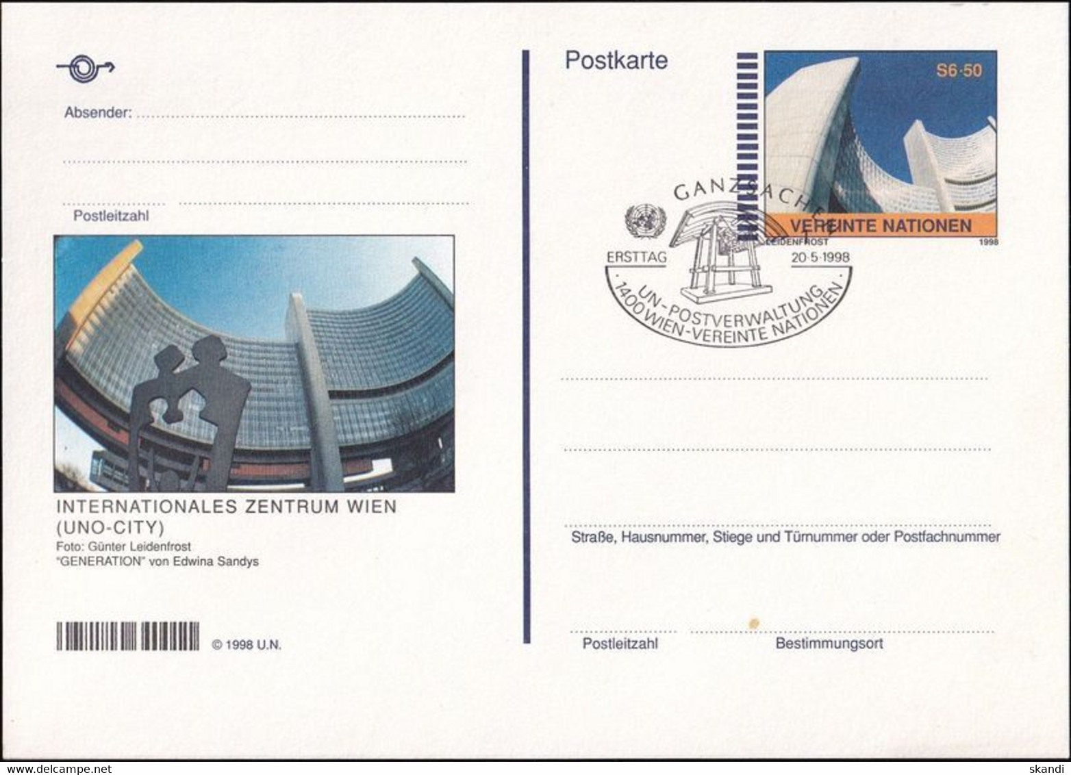 UNO WIEN 1998 Mi-Nr. P 11 Postkarte / Ganzsache O EST Used - Briefe U. Dokumente