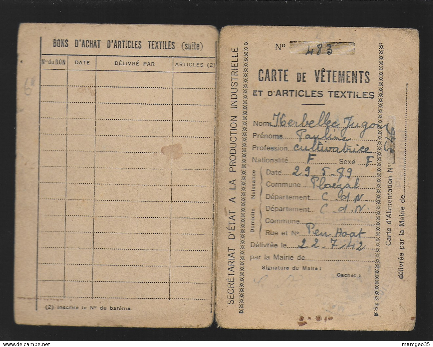 22 Ploezal Carte De Vêtements Délivrée En 07/1942 Avec Tickets - Ploëzal