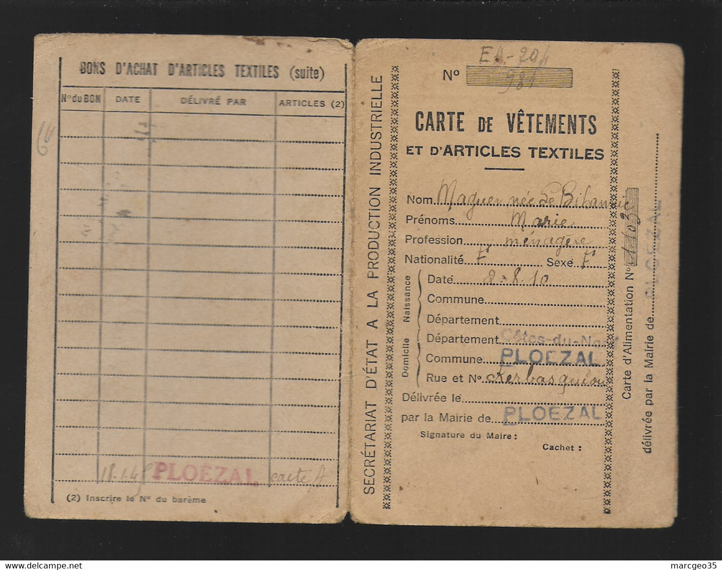 22 Ploezal  Carte De Vêtements Délivrée En 07/1942 Avec Tickets - Ploëzal