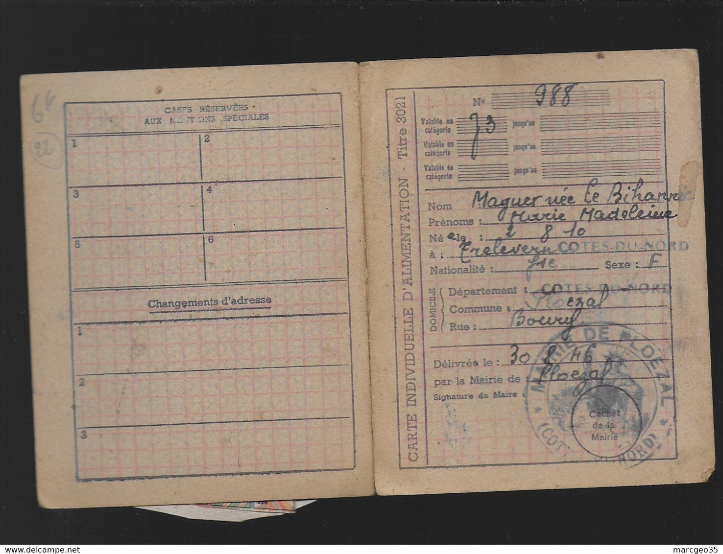 22 Ploezal  Carte D'alimentation Délivrée En 1946 Avec Plein De Tickets De Ravitaillement - Ploëzal