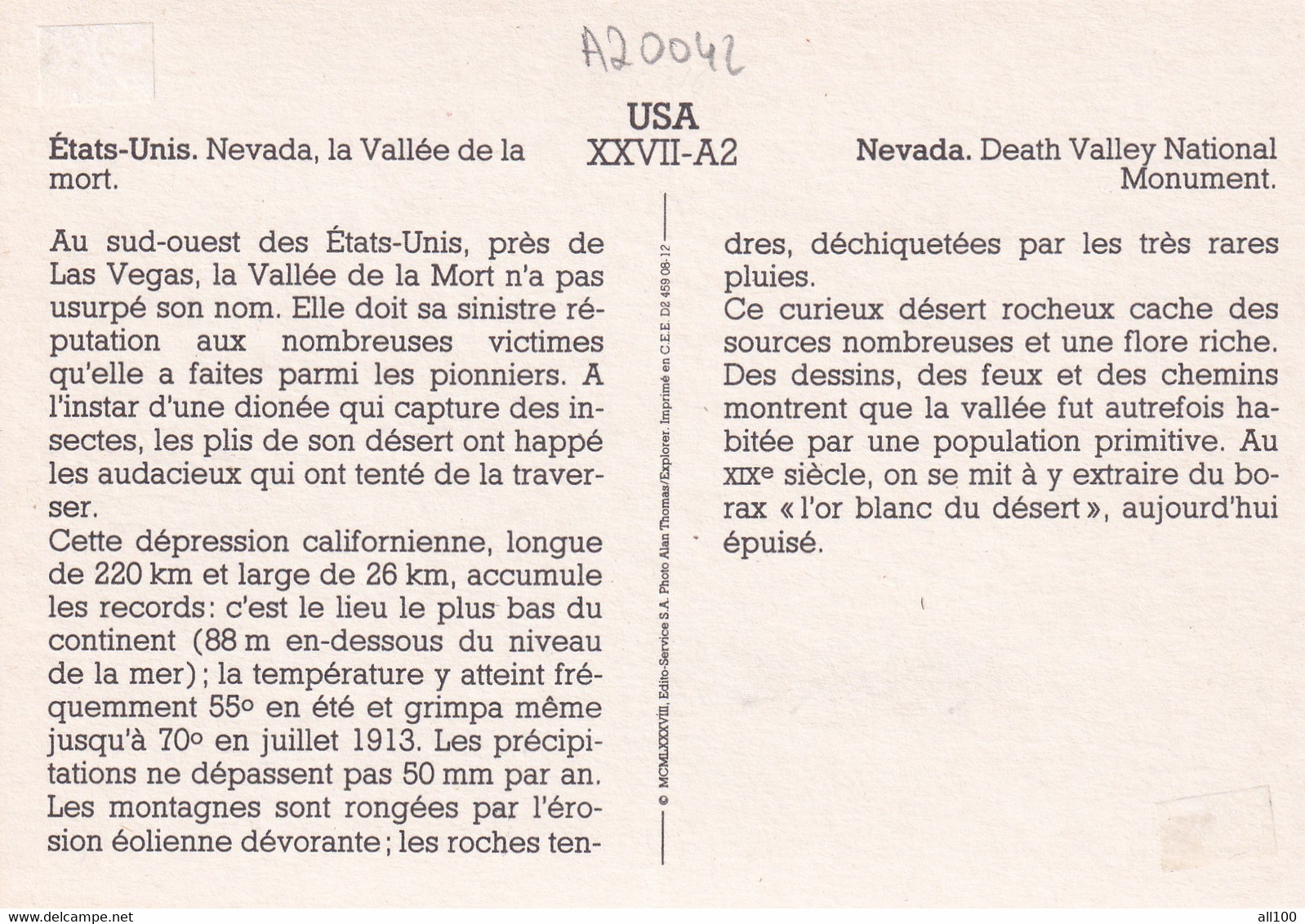 A20042 - NEVADA DEATH VALLEY NATIONAL MONUMENT USA UNITED STATES OF AMERICA ALAN THOMAS EXPLORER IMPRIME EN CEE - USA Nationalparks