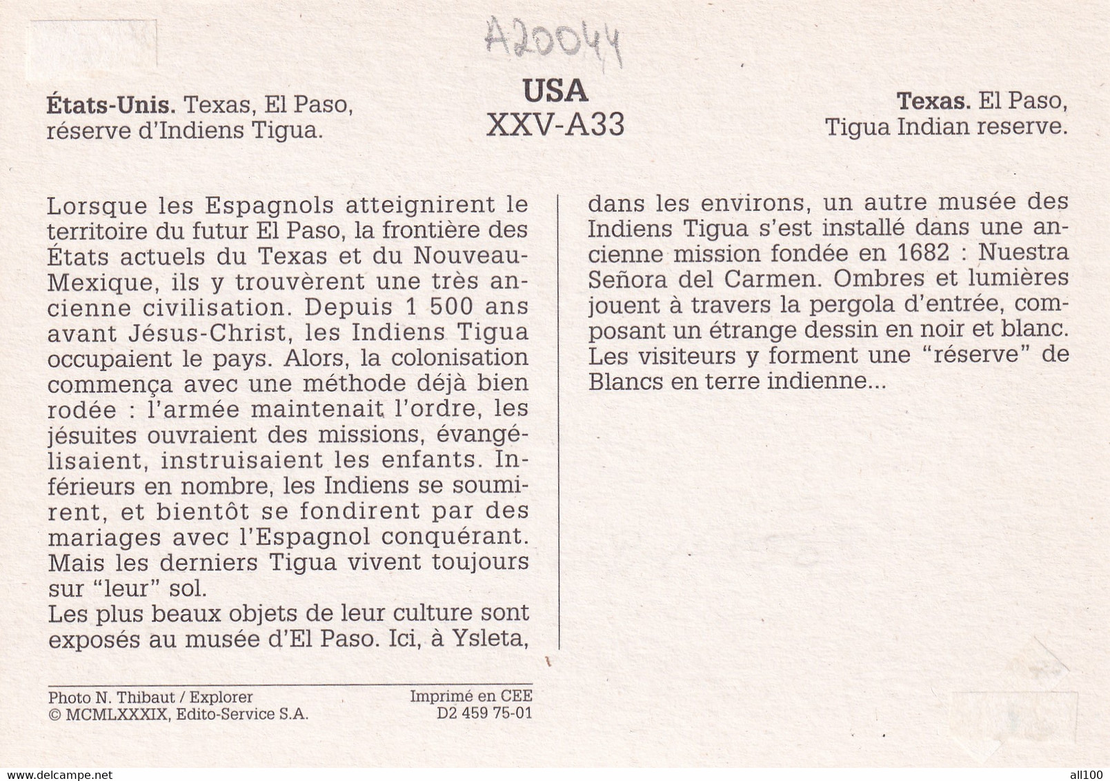 A20044 - TEXAS EL PASO TIGUA INDIAN RESERVE USA UNITED STATES OF AMERICA N THIBAUT EXPLORER IMPRIME EN CEE - El Paso