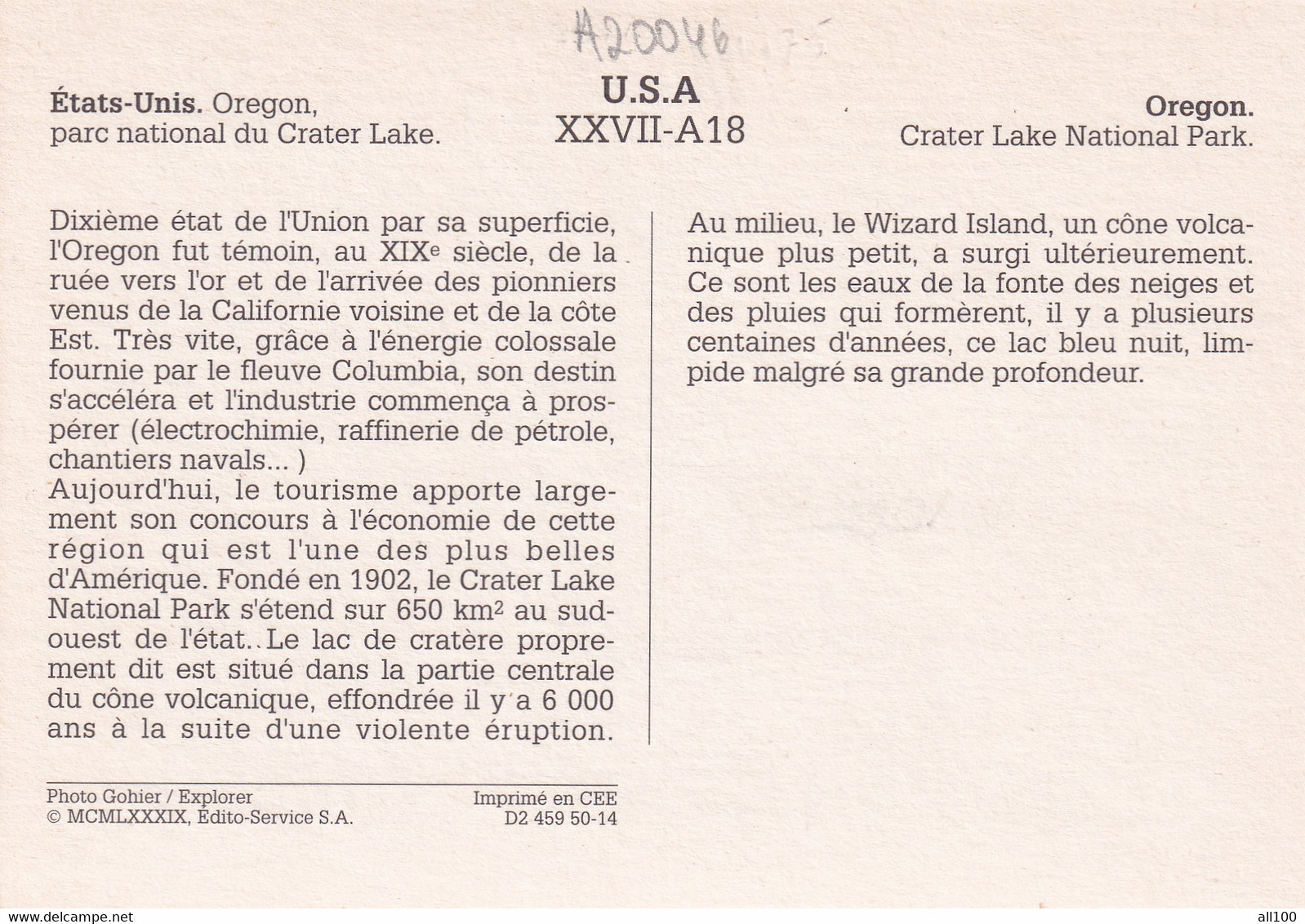 A20046 - OREGON CRATER LAKE NATIONAL PARK PARC NATIONAL USA UNITED STATES OF AMERICA GOHIER EXPLORER IMPRIME EN CEE - USA National Parks