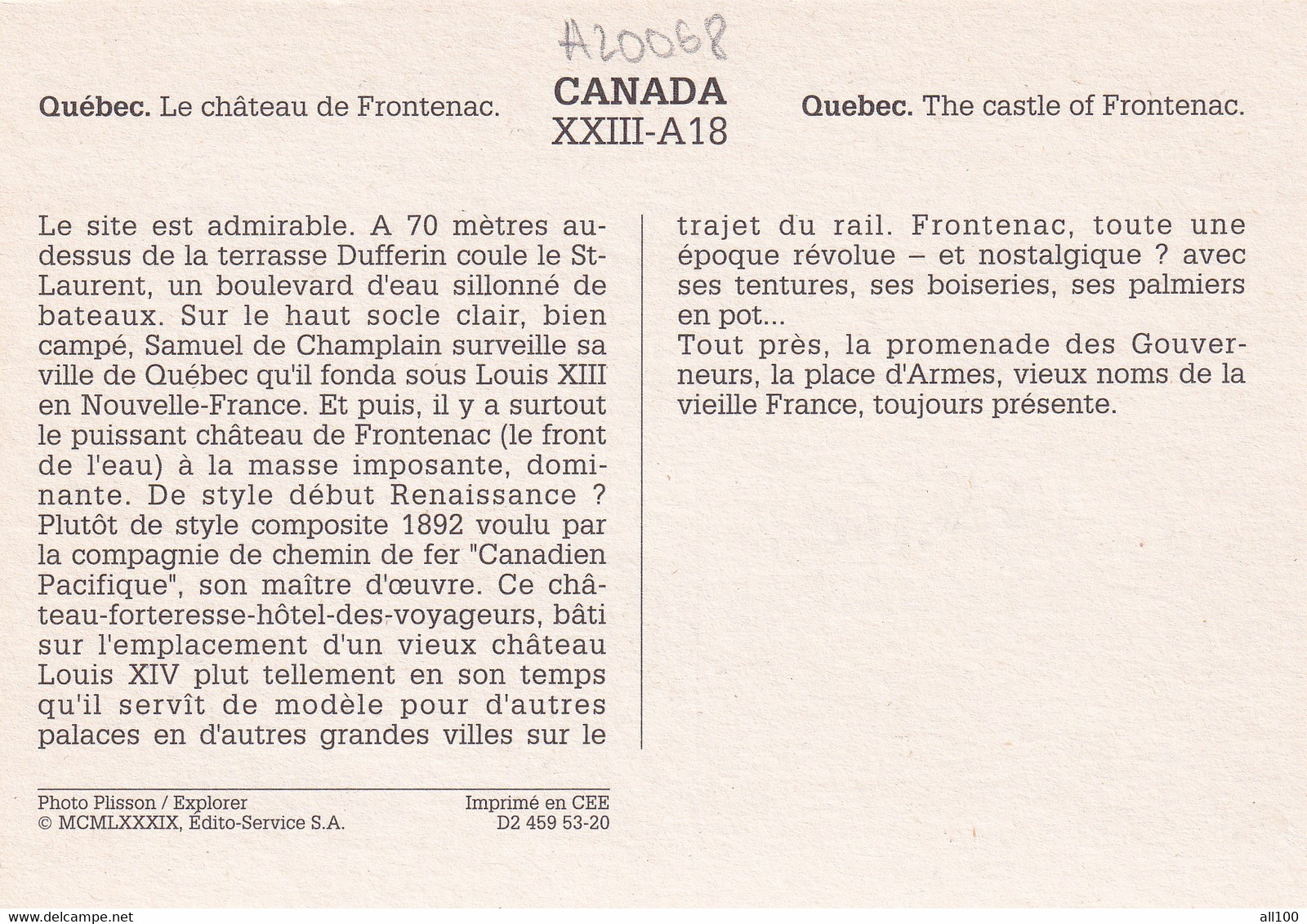 A20068 - QUEBEC LE CHATEAU DE FRONTENAC THE CASTLE OF FRONTENAC CANADA PLISSON EXPLORER IMPRIME EN CEE - Québec - Château Frontenac