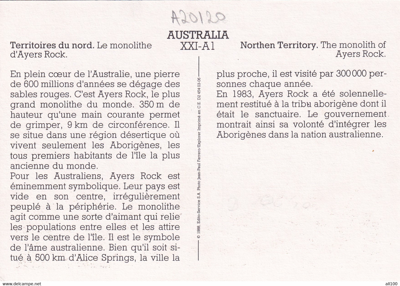 A20120 - ULURU NORTHEN TERRITORY THE MONOLITH OF AYERS ROCK LE MONOLITHE AUSTRALIA FERRERO EXPLORER IMPRIME EN CEE - Uluru & The Olgas