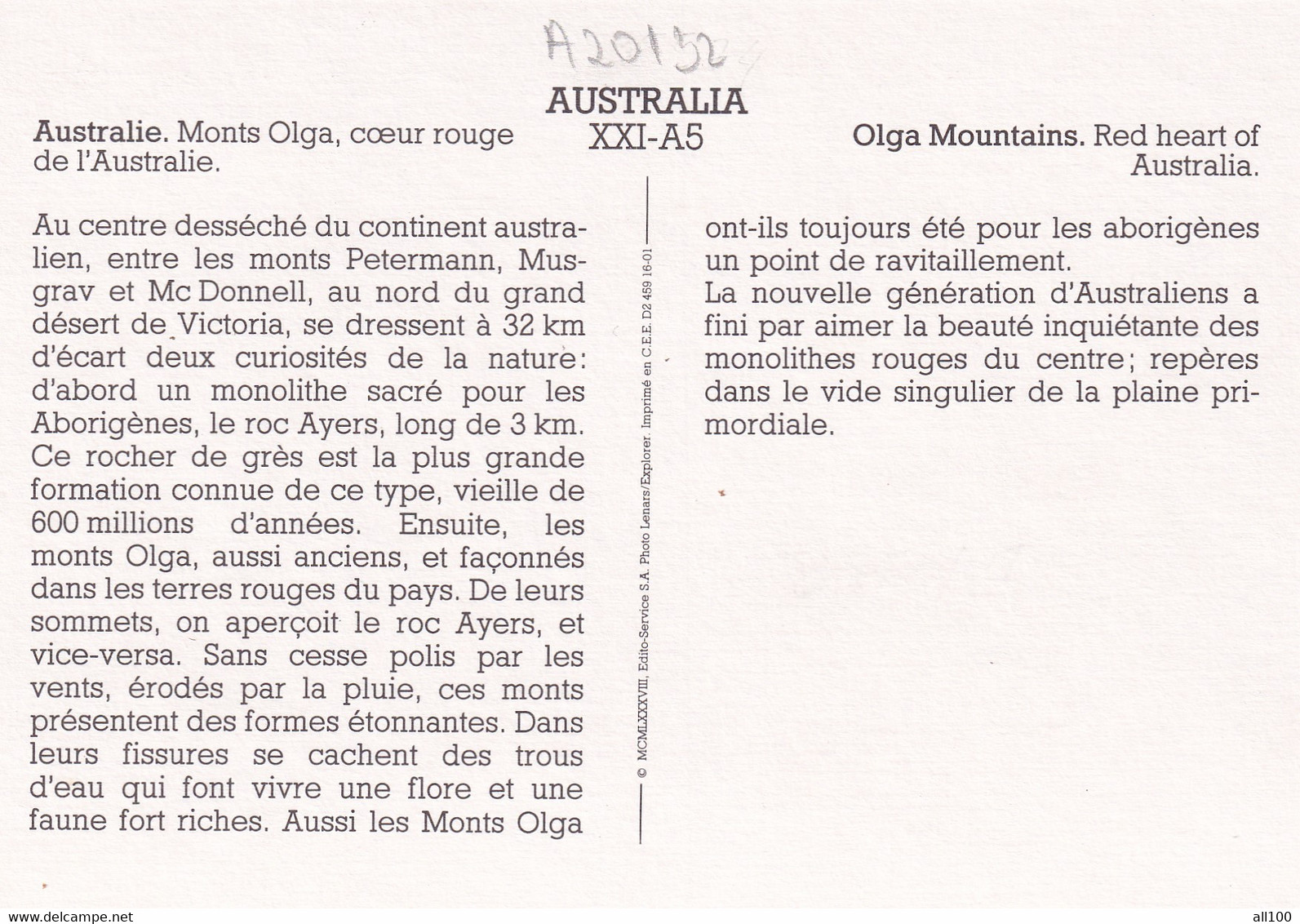 A20132 - MONTS OLGA COEUR ROUGE DE L'AUSTRALIE OLGA MOUNTAINS RED HEART OF AUSTRALIA LENARS EXPLORER IMPRIME EN CEE - Uluru & The Olgas