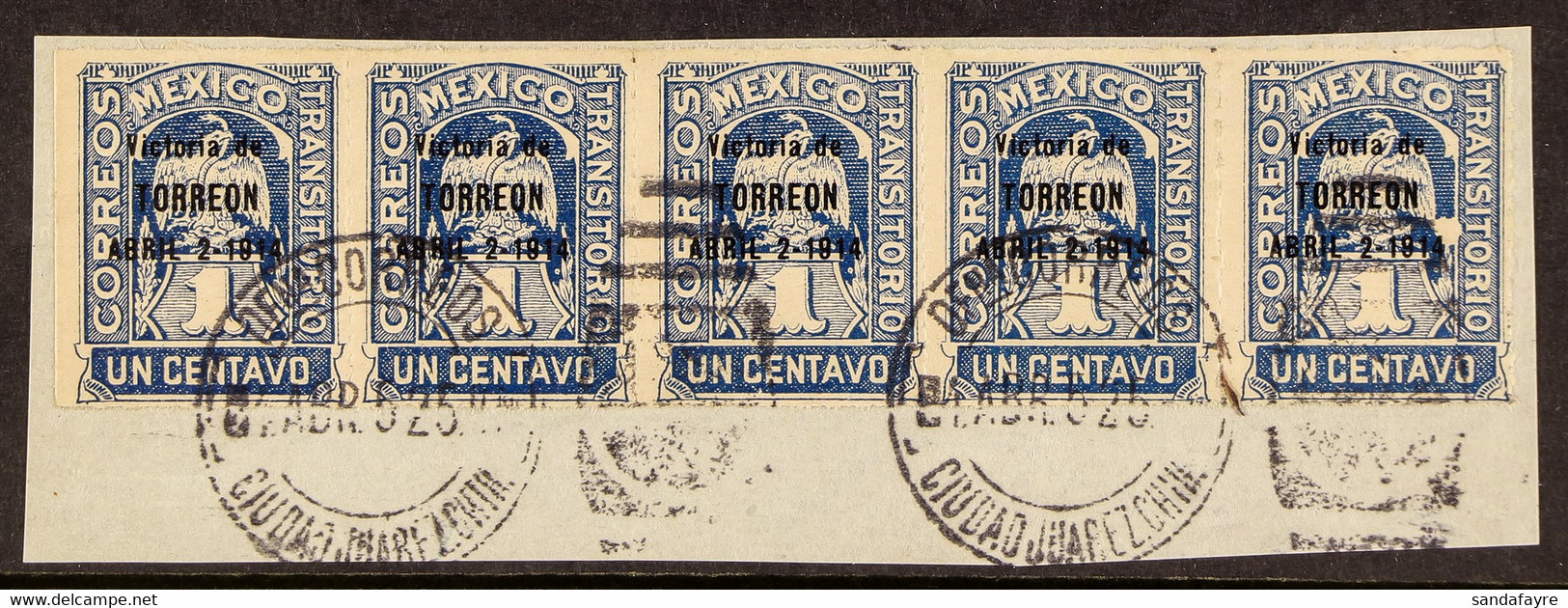 1914 1c Deep Blue Victory Of Torreon Overprint (Scott 362, SG CT10), Used Horizontal Strip Of Five On Piece Tied By 'Ciu - Mexiko