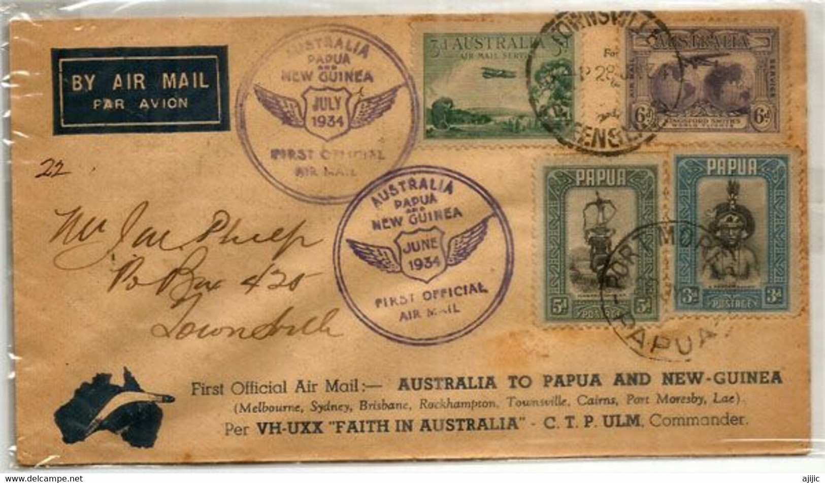 Premier Vol De Port-Moresby (Papouasie) à Townsville.Australie. Juin-Juillet 1934 Avion VH-UXX Faith In Australia.RARE- - First Flight Covers