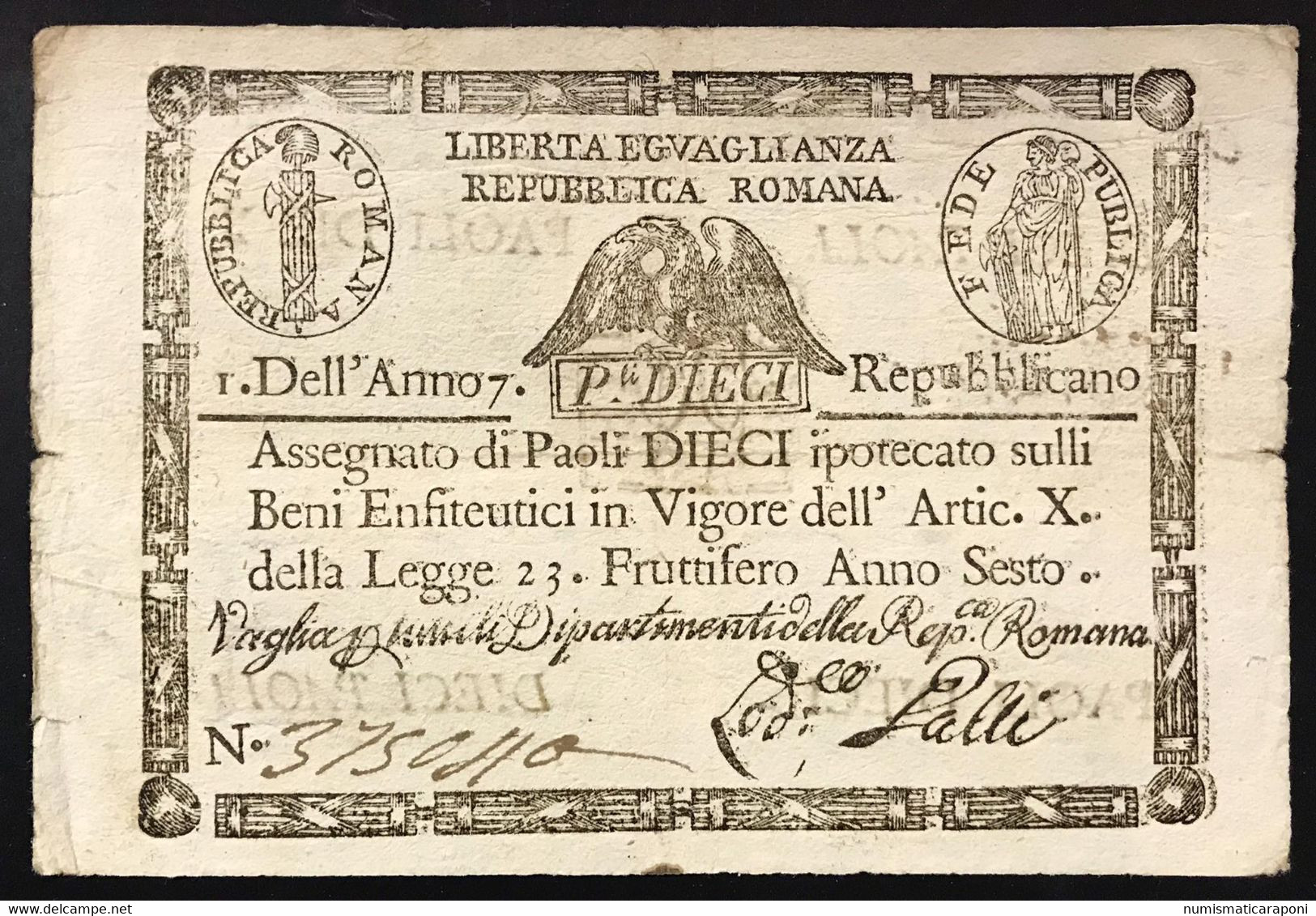 1à Repubblica Romana Assegnati 1798 10 Paoli ( Quadrato ) Dell'anno 7  Q.spl Lotto.1523 - Autres & Non Classés