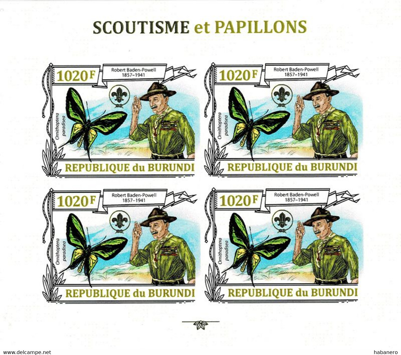 BURUNDI 2013 Mi 3153B KLB PARADISE BIRDWING BUTTERFLY & SCOUTING MINT IMPERFORATED MINIATURE SHEET ** - Blocchi & Foglietti