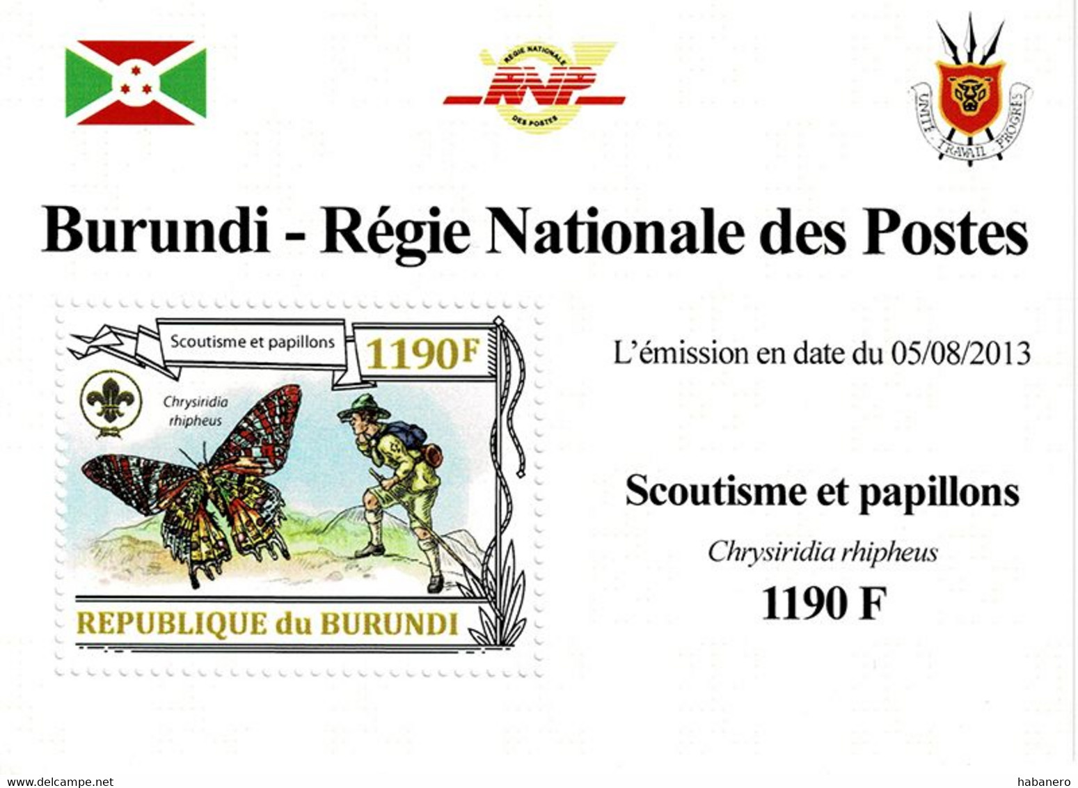 BURUNDI 2013 Mi 3154B MADAGASCAN SUNSET MOTH & SCOUTING MINT IMPERFORATED MINIATURE SHEET ** - Blocchi & Foglietti