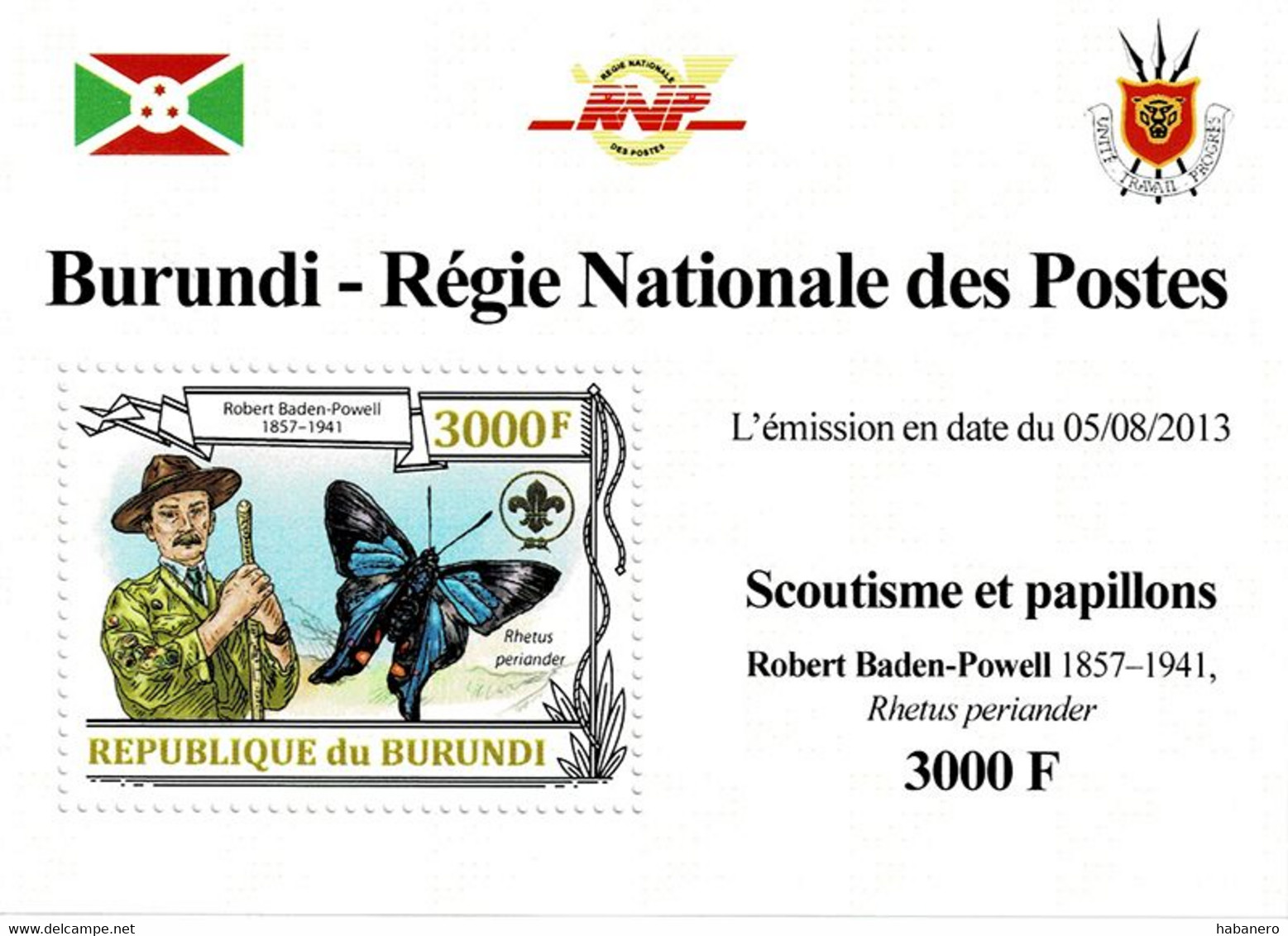 BURUNDI 2013 Mi 3156A PERIANDER METALMARK BUTTERFLY & SCOUTING MINT MINIATURE SHEET ** - Blocks & Sheetlets