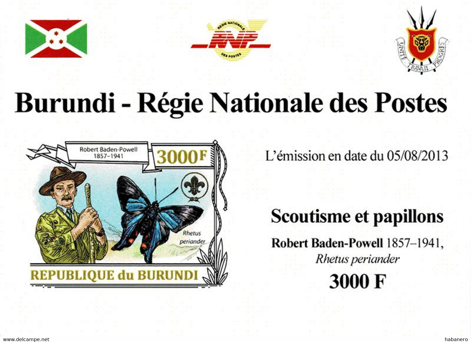 BURUNDI 2013 Mi 3156B PERIANDER METALMARK BUTTERFLY & SCOUTING MINT IMPERFORATED MINIATURE SHEET ** - Blocs-feuillets