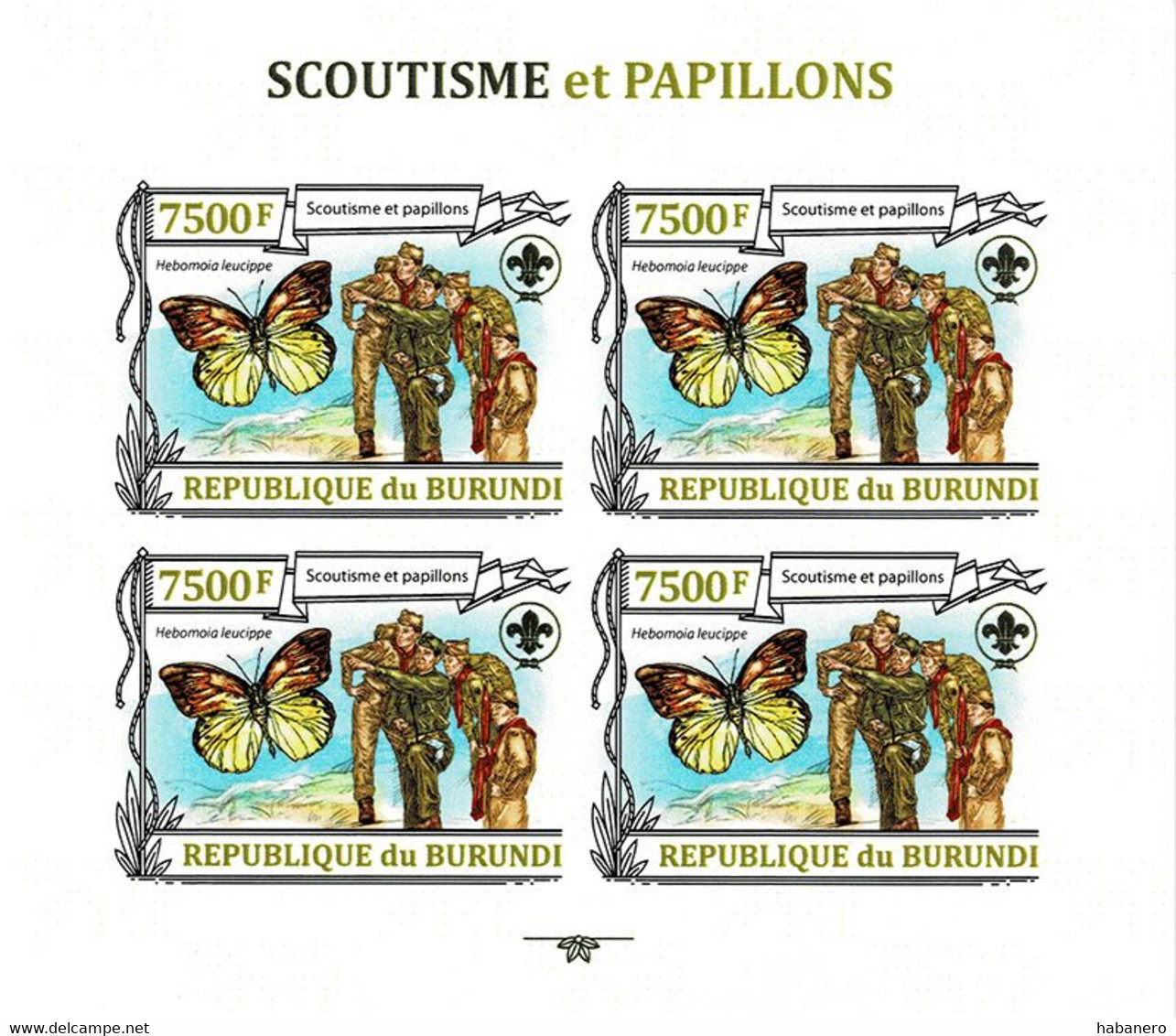 BURUNDI 2013 Mi 3157B KLB HEBOMOIA LEUCIPPE BUTTERFLY & SCOUTING MINT IMPERFORATED MINIATURE SHEET ** - Hojas Y Bloques