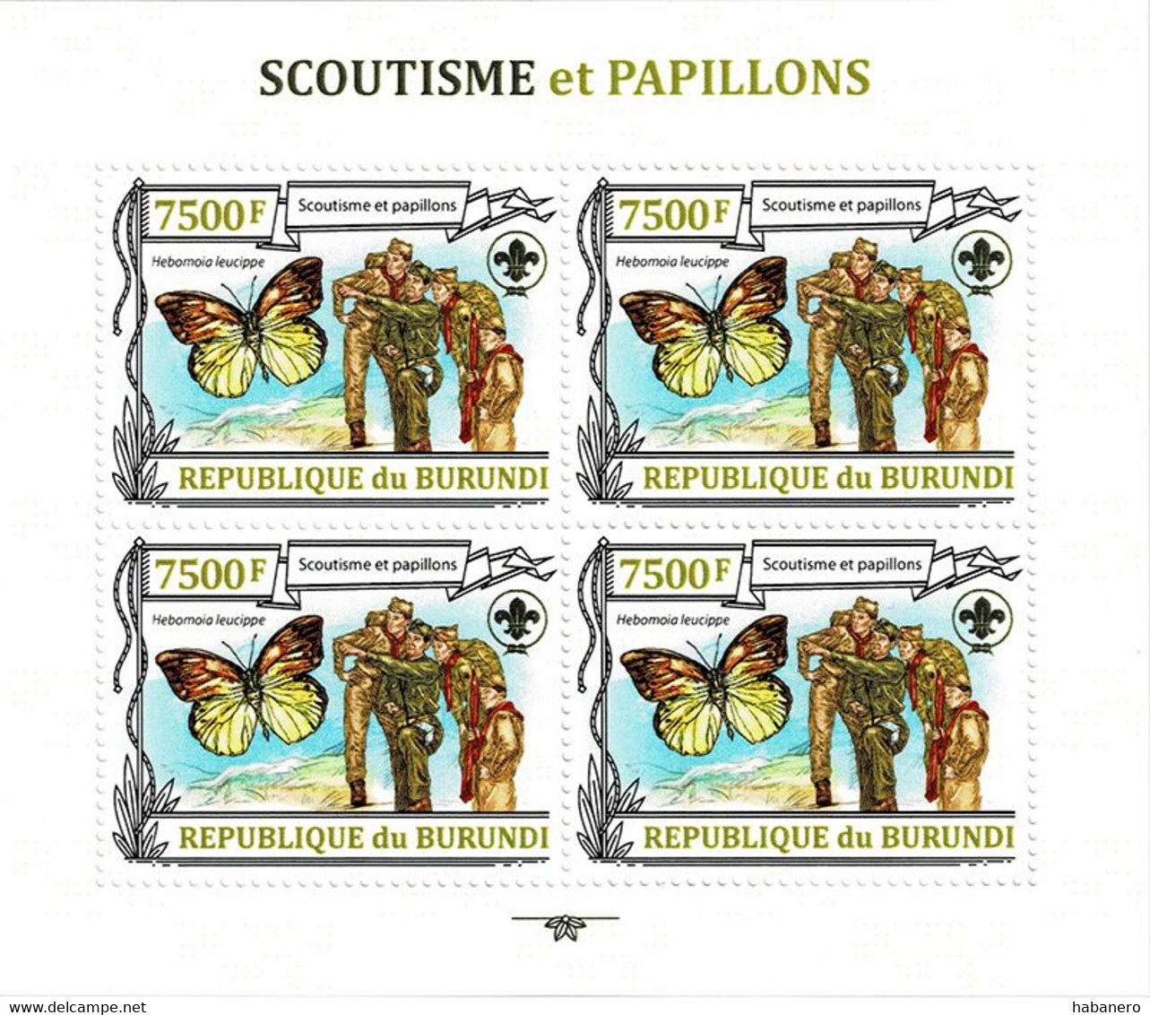 BURUNDI 2013 Mi 3157A KLB HEBOMOIA LEUCIPPE BUTTERFLY & SCOUTING MINT MINIATURE SHEET ** - Hojas Y Bloques