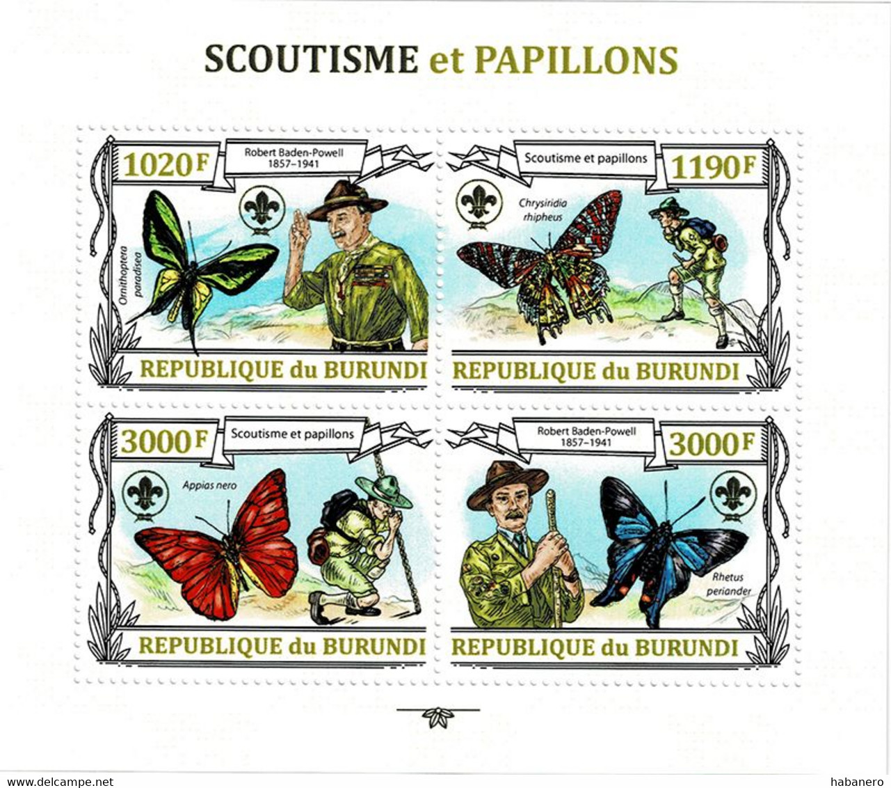 BURUNDI 2013 Mi 3153-3157A KLB BUTTERFLIES & SCOUTING MINT MINIATURE SHEET ** - Blocks & Kleinbögen