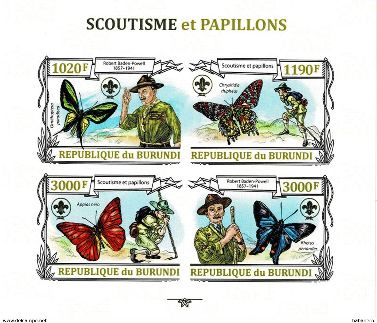 BURUNDI 2013 Mi 3153-3157B KLB BUTTERFLIES & SCOUTING MINT IMPERFORATED MINIATURE SHEET ** - Blocchi & Foglietti