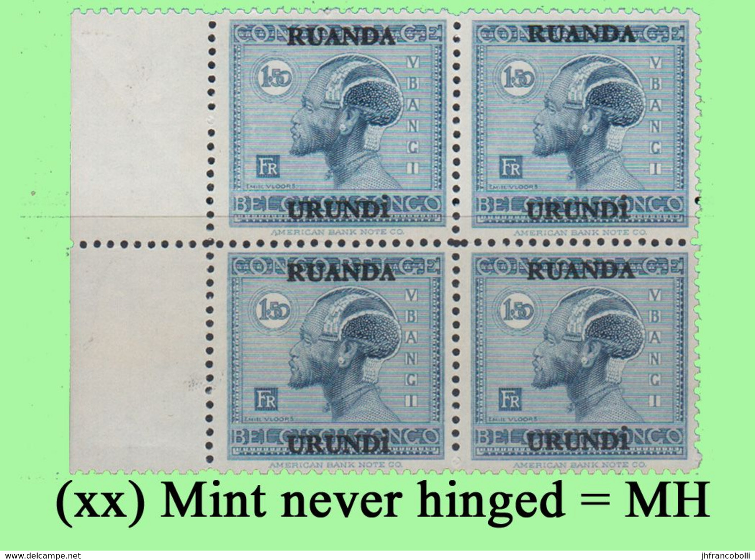 1925 ** RUANDA-URUNDI = RU 074 MNH VLOORS -2- UBANGI HEAD (Male) ( BLOCK X 4 STAMPS WITH ORIGINAL GUM ) - Ungebraucht