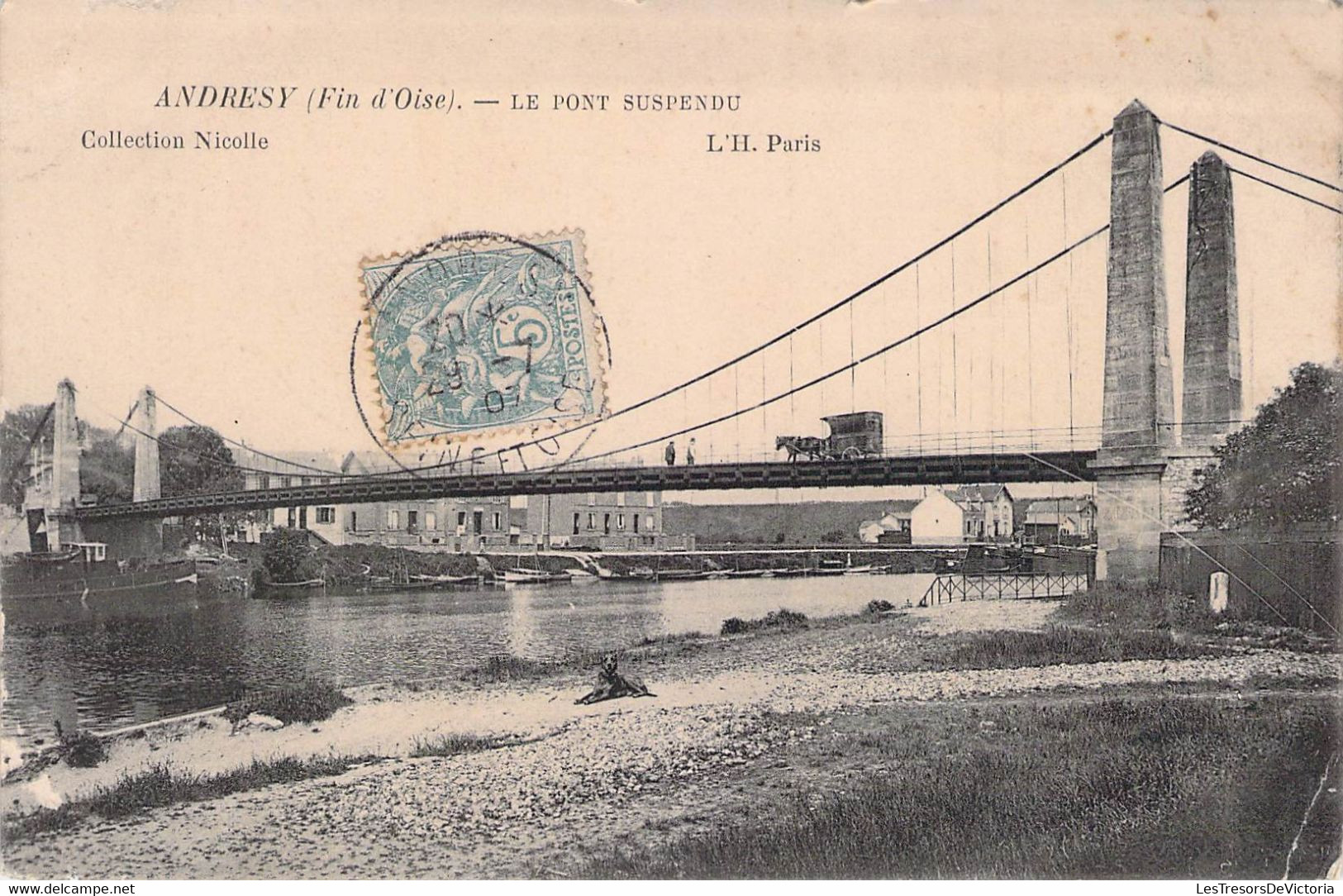 CPA - 78 - ANDRESY - Le Pont Suspendu - Charette - Chien Sur La Berge - Andresy