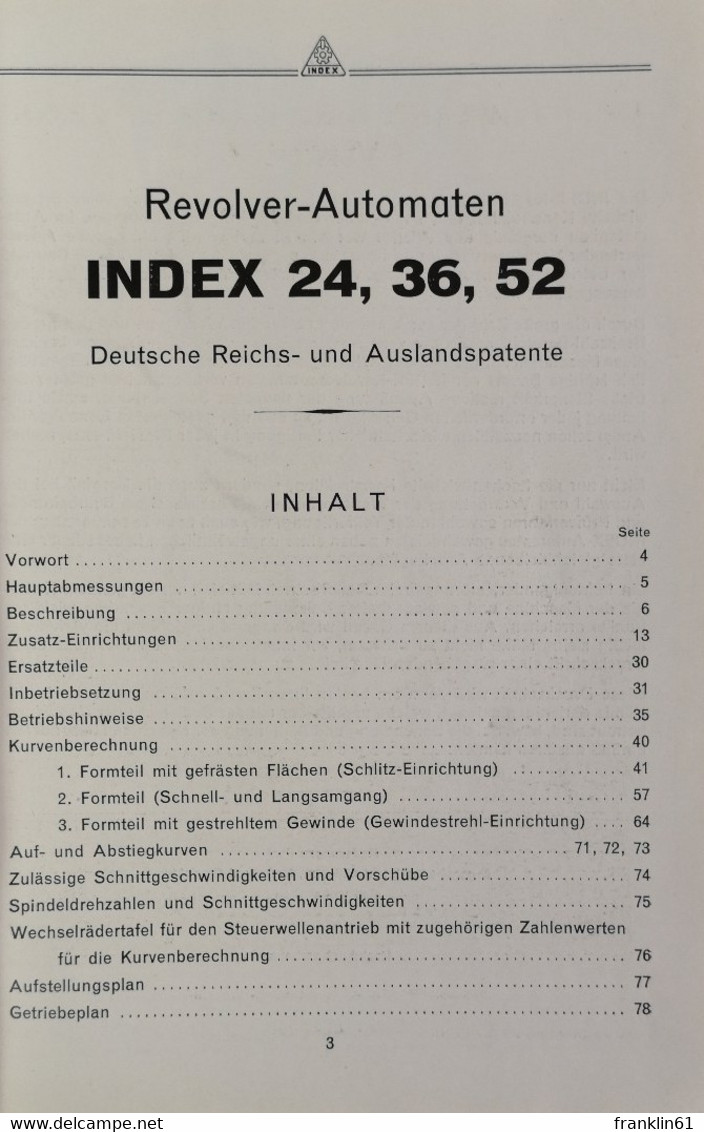 Betriebs-Handbuch INDEX 24-INDEX 36- INDEX 52. - Techniek