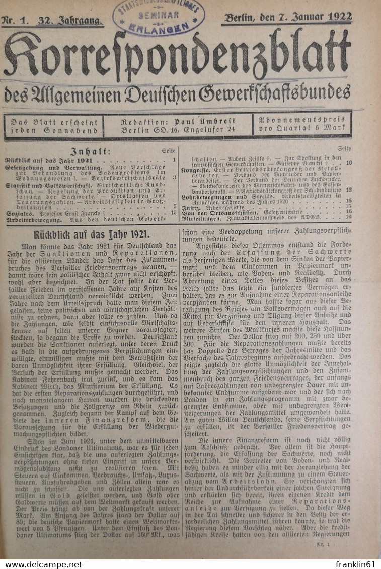 Korrespondenzblatt Des Allgemeinen Deutschen Gewerkschaftsbundes Zweiunddreißigster Jahrgang 1922. - Lessico